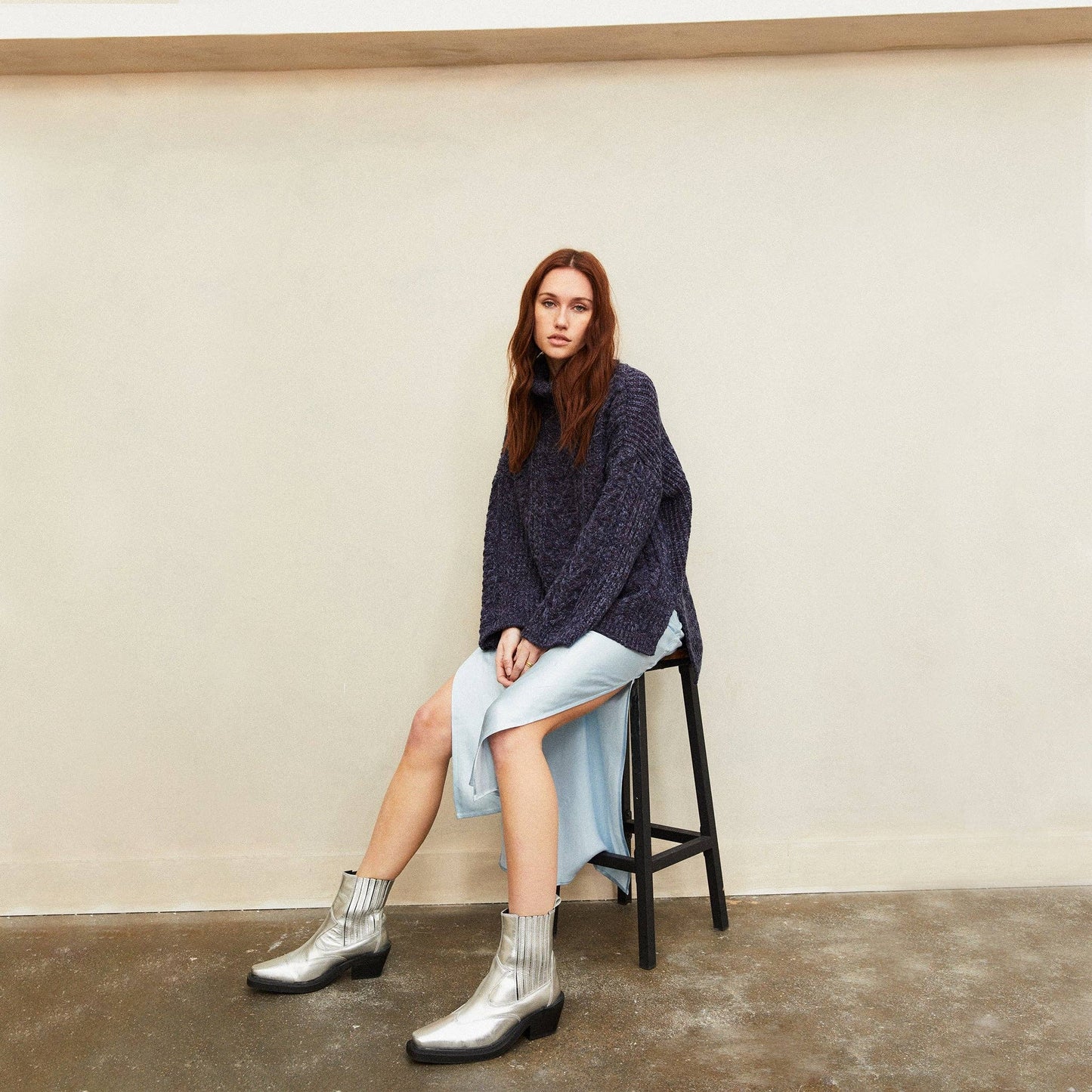Cara & The Sky - Emily Cable Roll Neck Tunic Jumper - Navy | British Knitwear