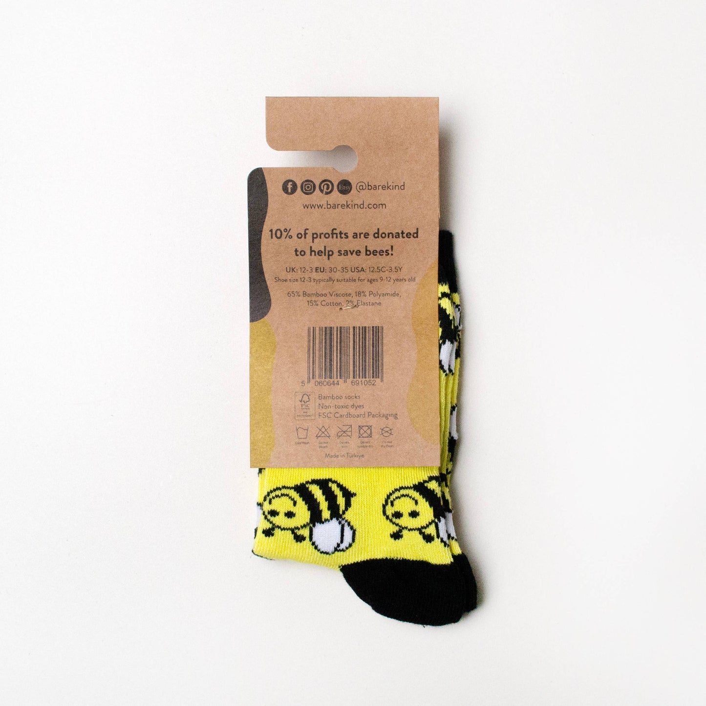 Bare Kind - Bee Socks | Child Bamboo Socks | Yellow Socks: Single Pair / Bees / Age 9-12yrs | UK Size Kids 12-3