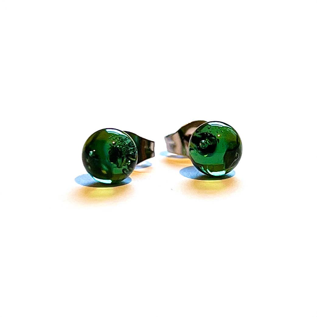 Helen Chalmers - Green Whisky Bottle Studs, Recycled Glass and Surgical Steel