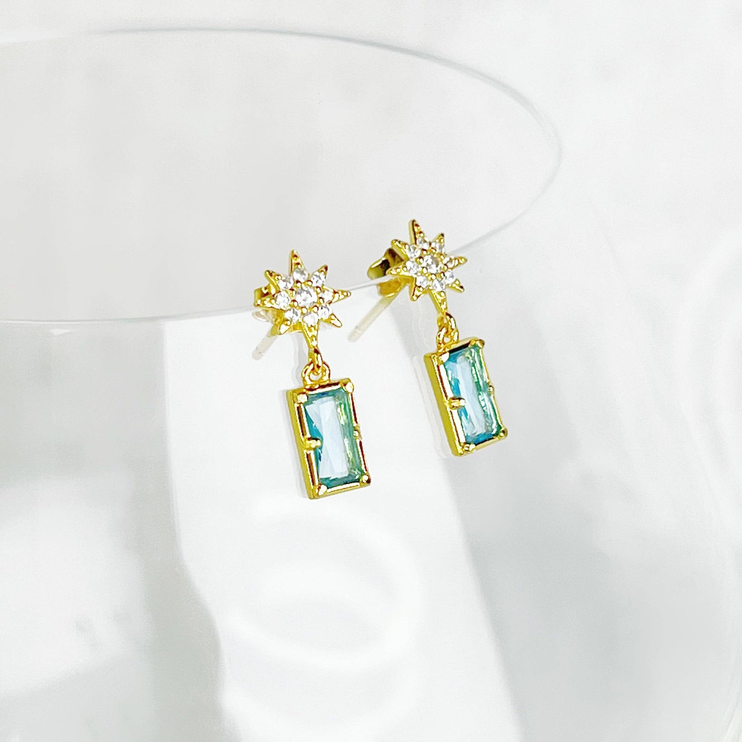 Ninaouity - Gold Pole Star and Blue Square Crystal Earrings