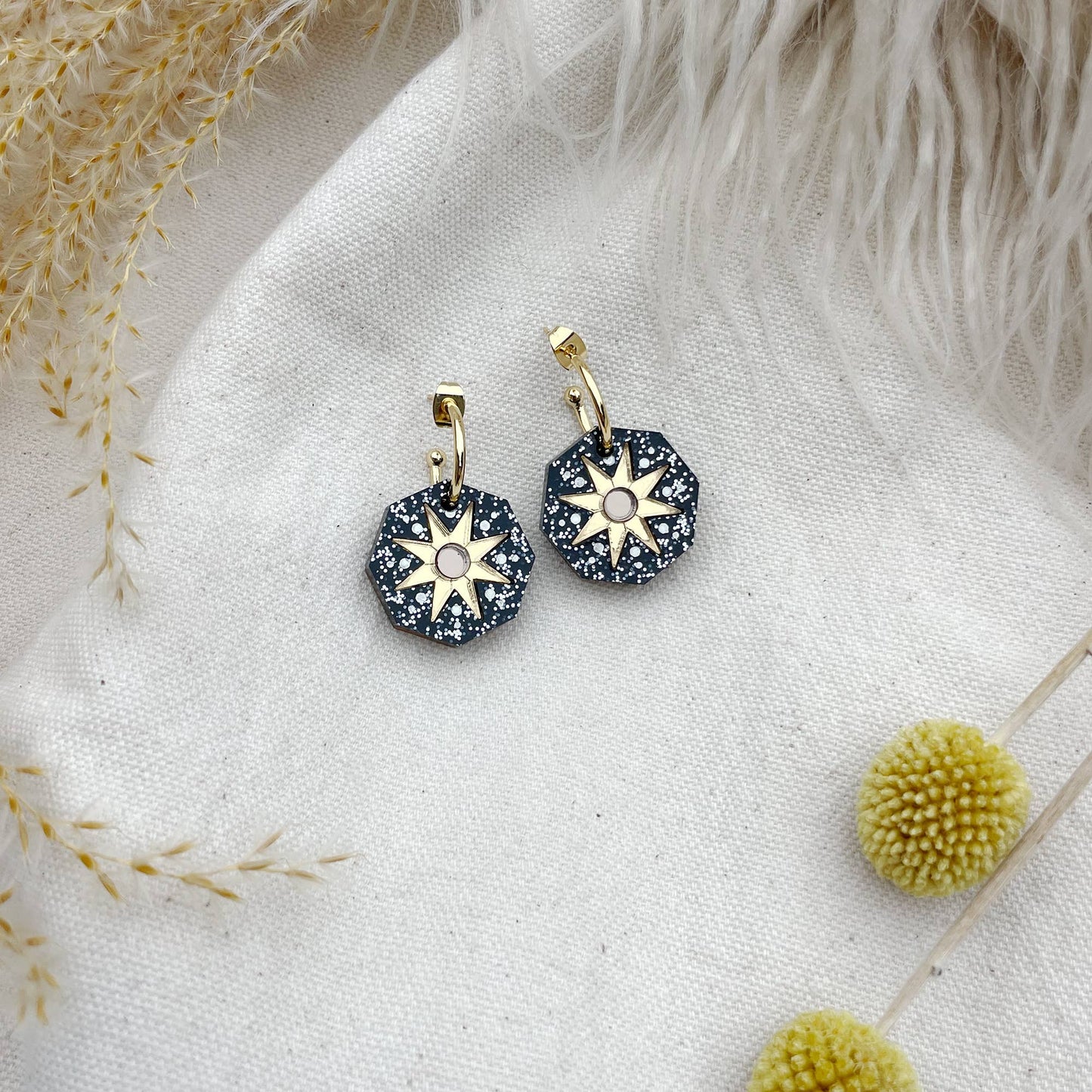 Rosa Pietsch - Seren Geo Star Hoop Earrings: Black Sparkle