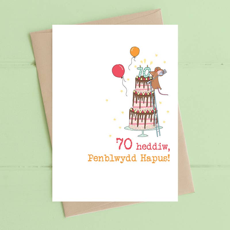 Dandelion Stationery - Penblwydd Hapus (Happy Birthday age 70) Big cake WELSH Card