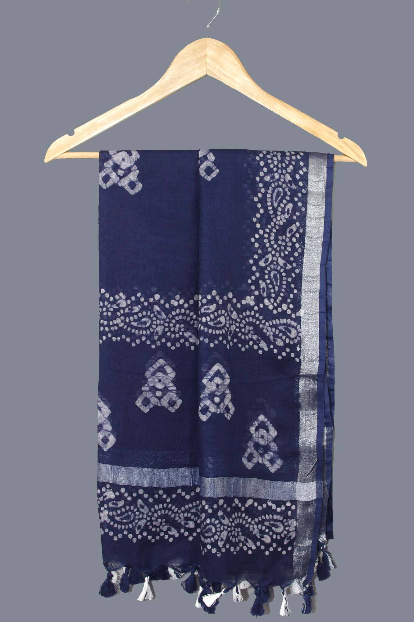 Kantha Decor - Linen Scarf / Stole with Tussle -Royal Blue Batik Print