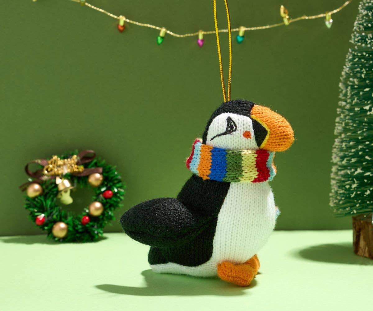 Puffin Hanging Decoration with stripe scarf Knitted