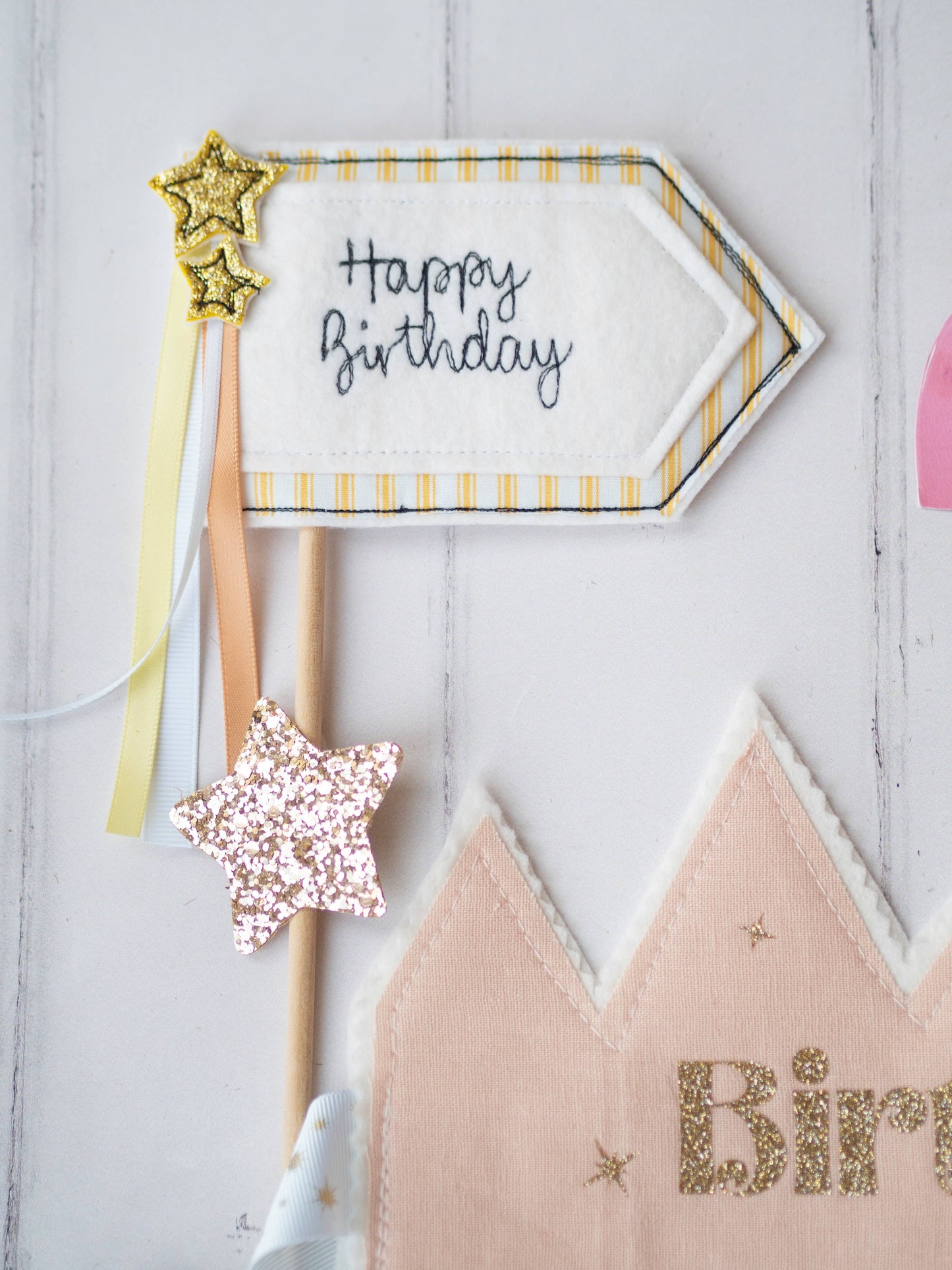 Girl Friday Embroidery - Happy Birthday Cake Topper Flag