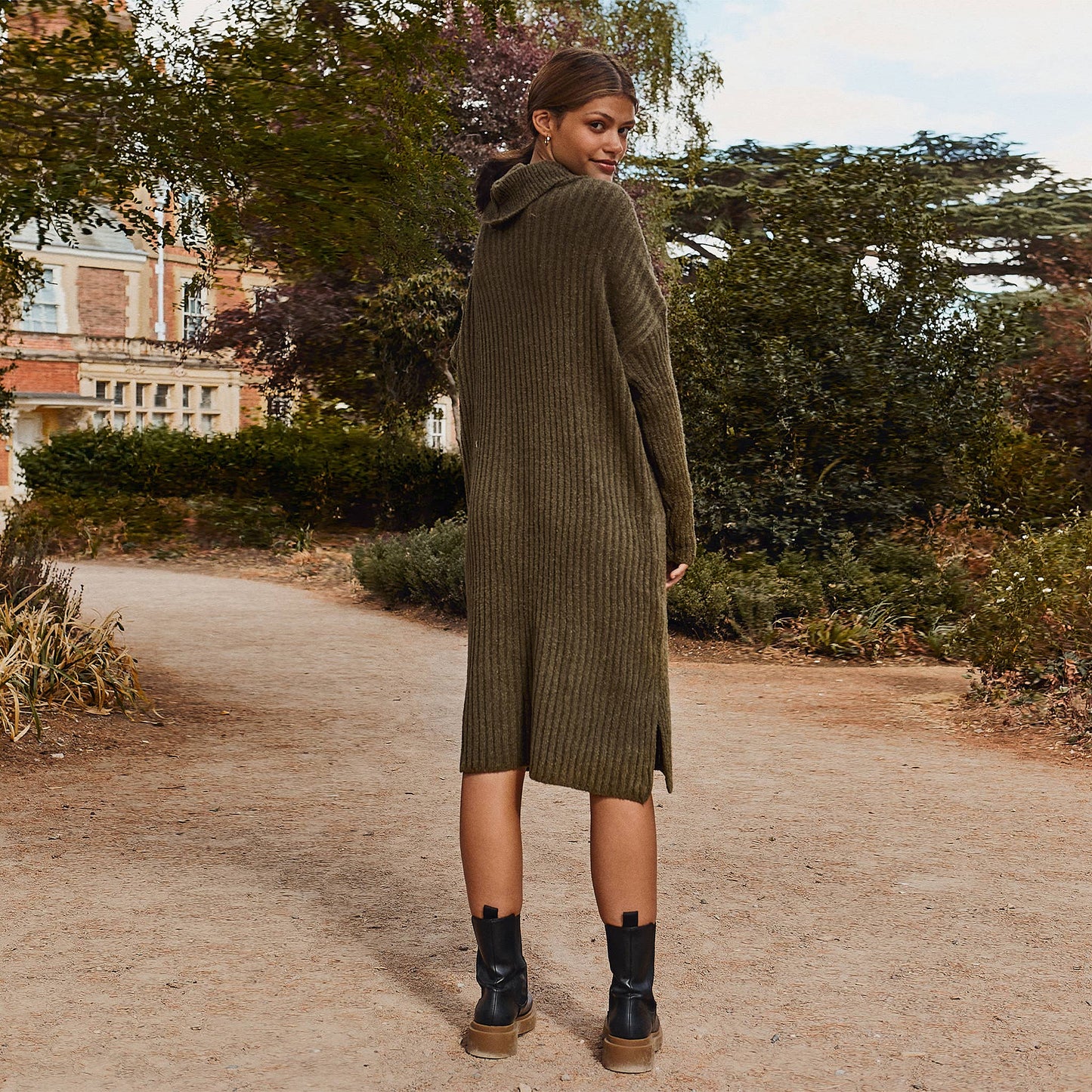 Cara & The Sky - Joey Boucle Roll Neck Midi Dress - Khaki