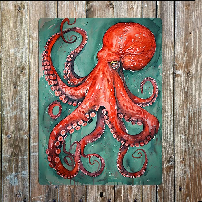 Vibrant Watercolor Octopus Sea Nautical Metal Sign Plaque