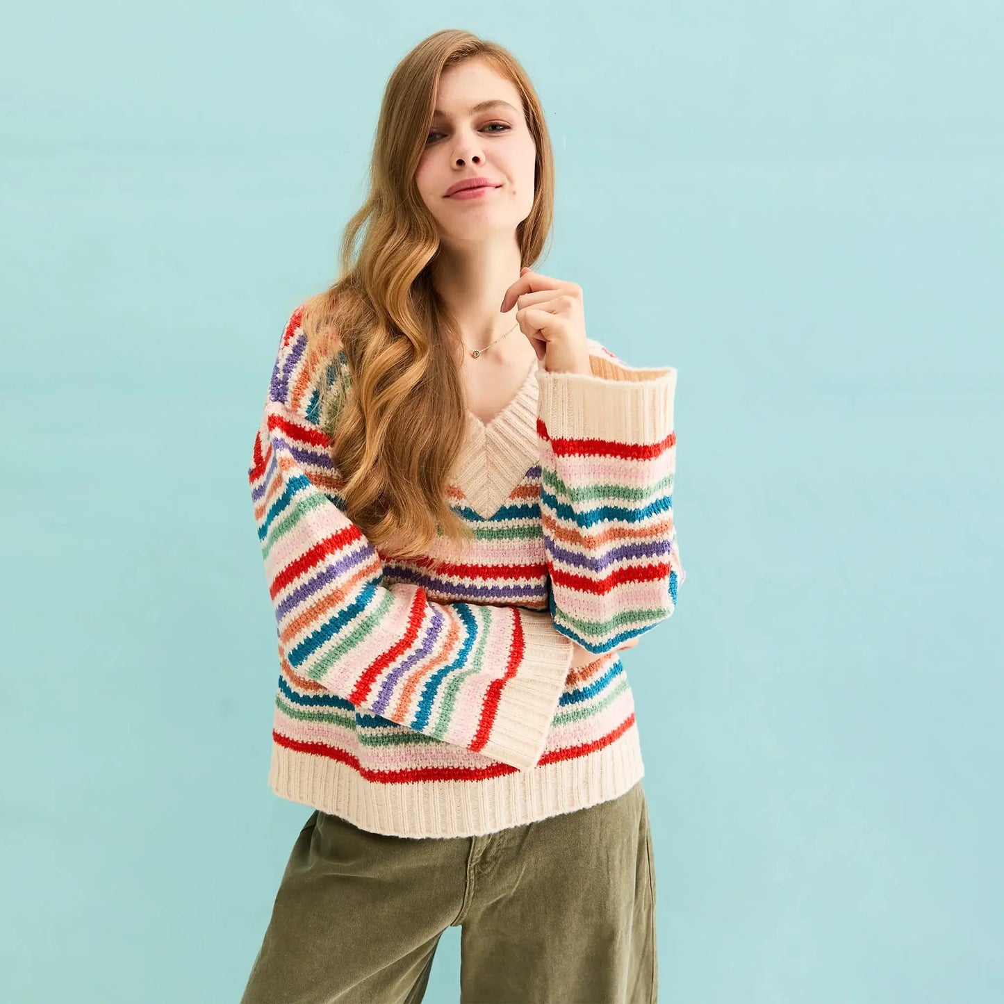 Cara & The Sky - Jasmine Wide Sleeve V Neck Striped Jumper | Women's Knitwear