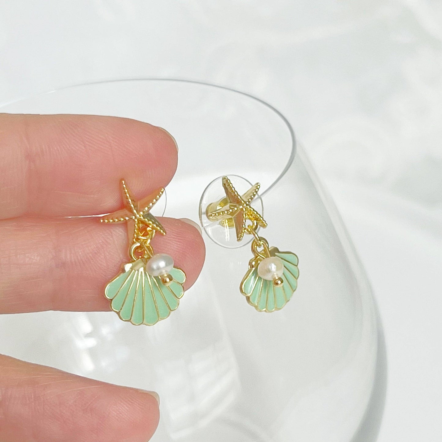 Gold Starfish and Green Seashell with Mini Pearl Drop Earrin