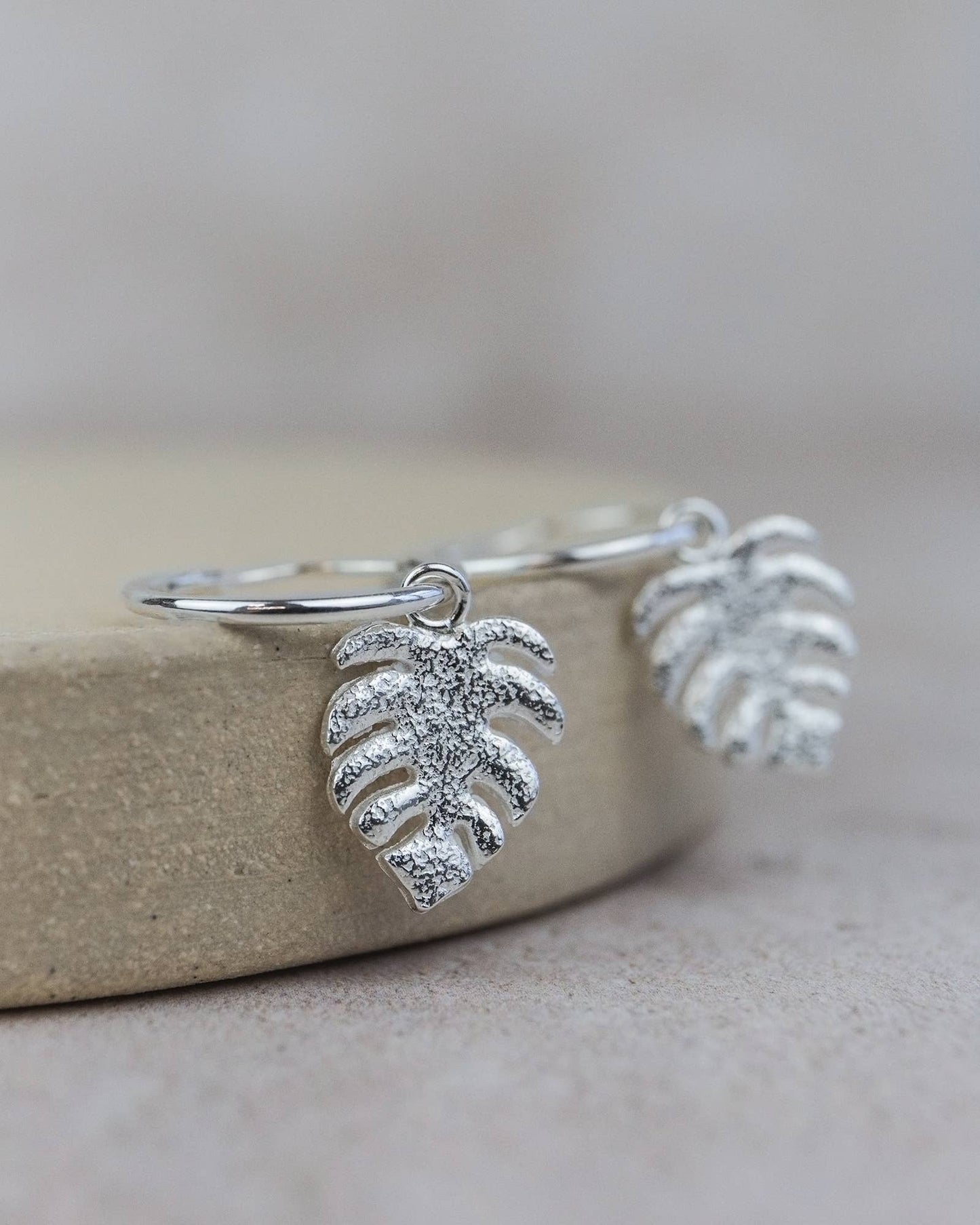 Sterling Silver Monstera Charm Hoops