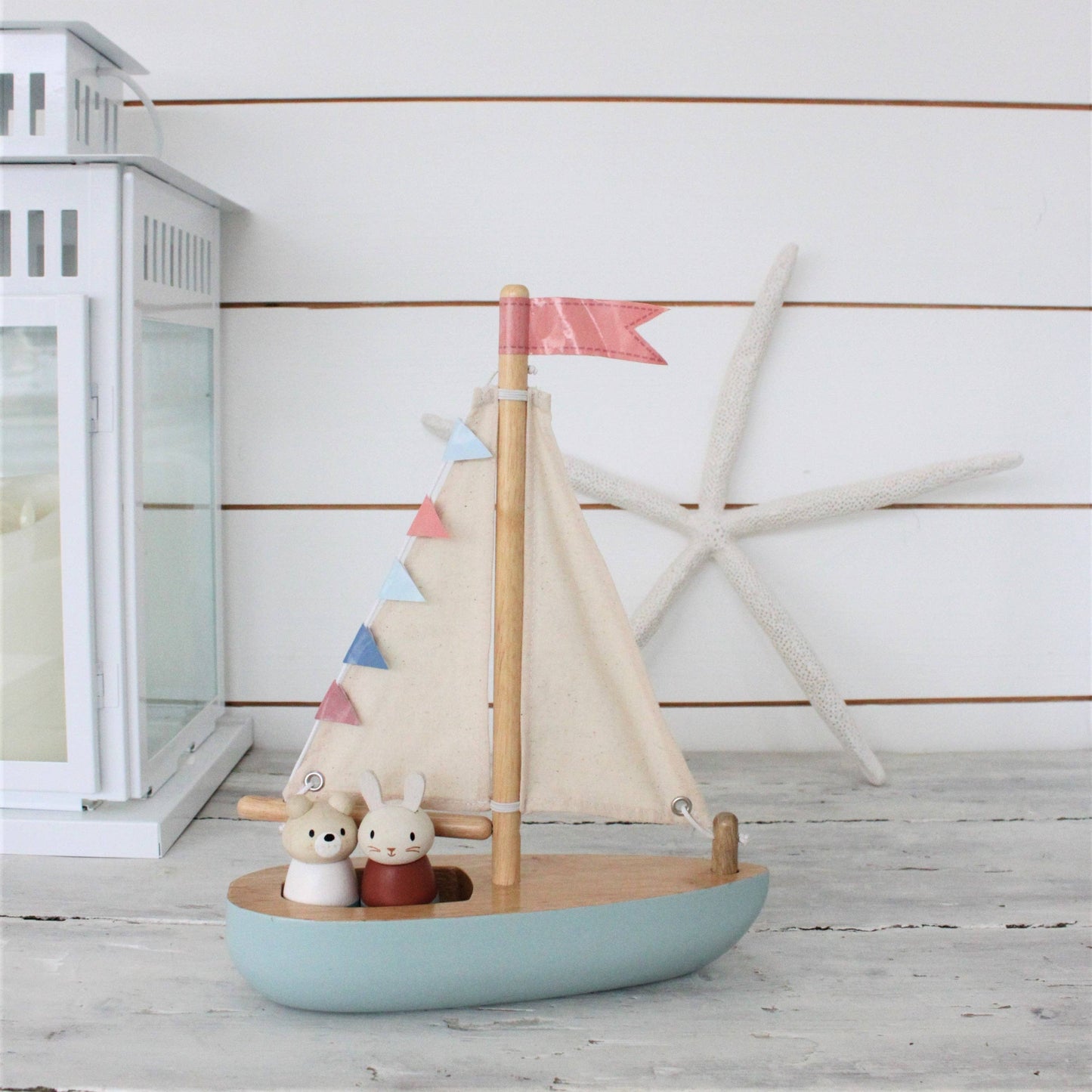 Threadbear Design UK - Sailway Wooden Toy Boat with Bubble and Squeak Dolls