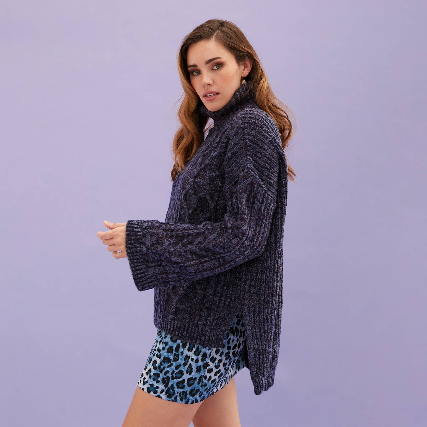 Cara & The Sky - Emily Cable Roll Neck Tunic Jumper - Navy | British Knitwear