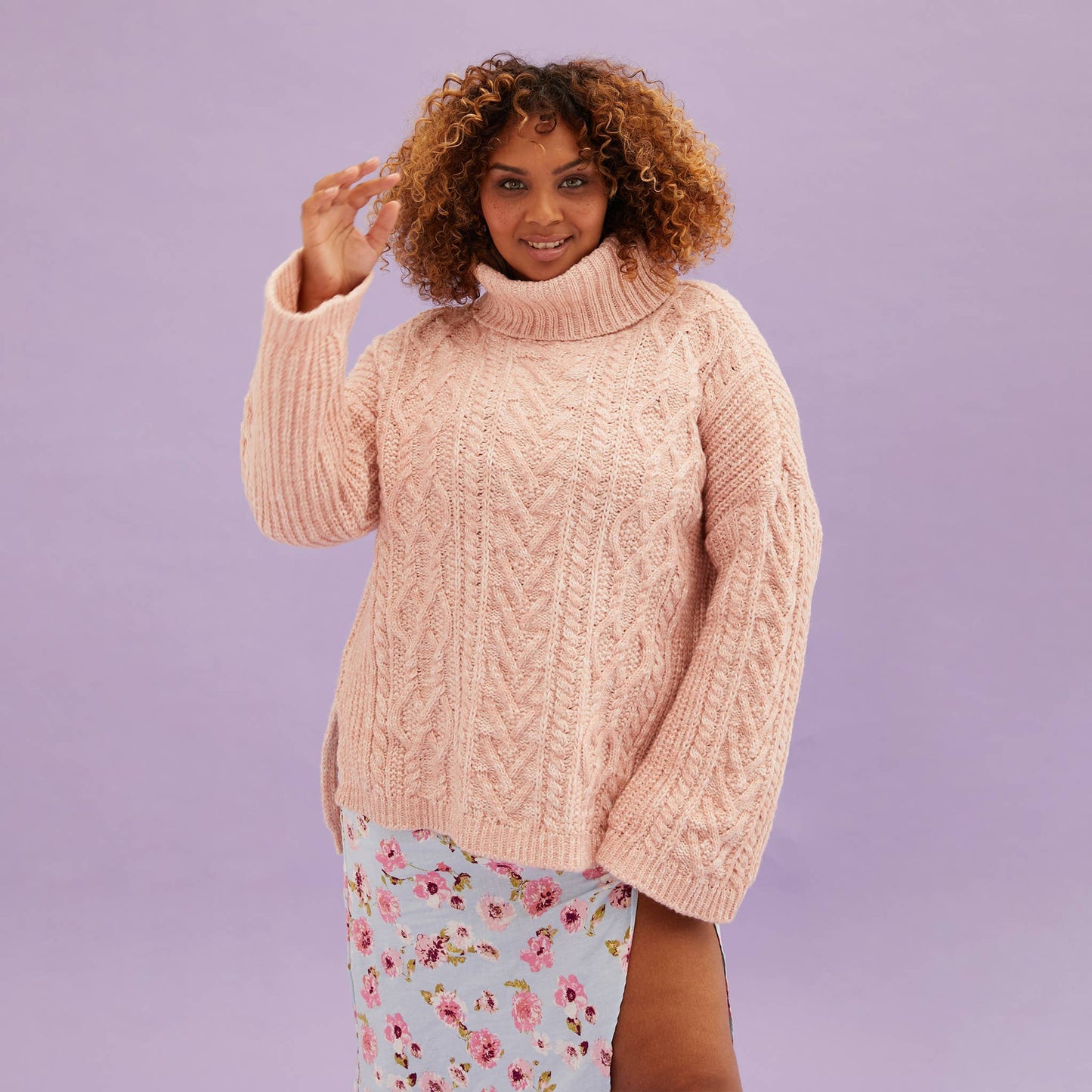 Cara & The Sky - Emily Cable Roll Neck Sweater - Dusky Pink