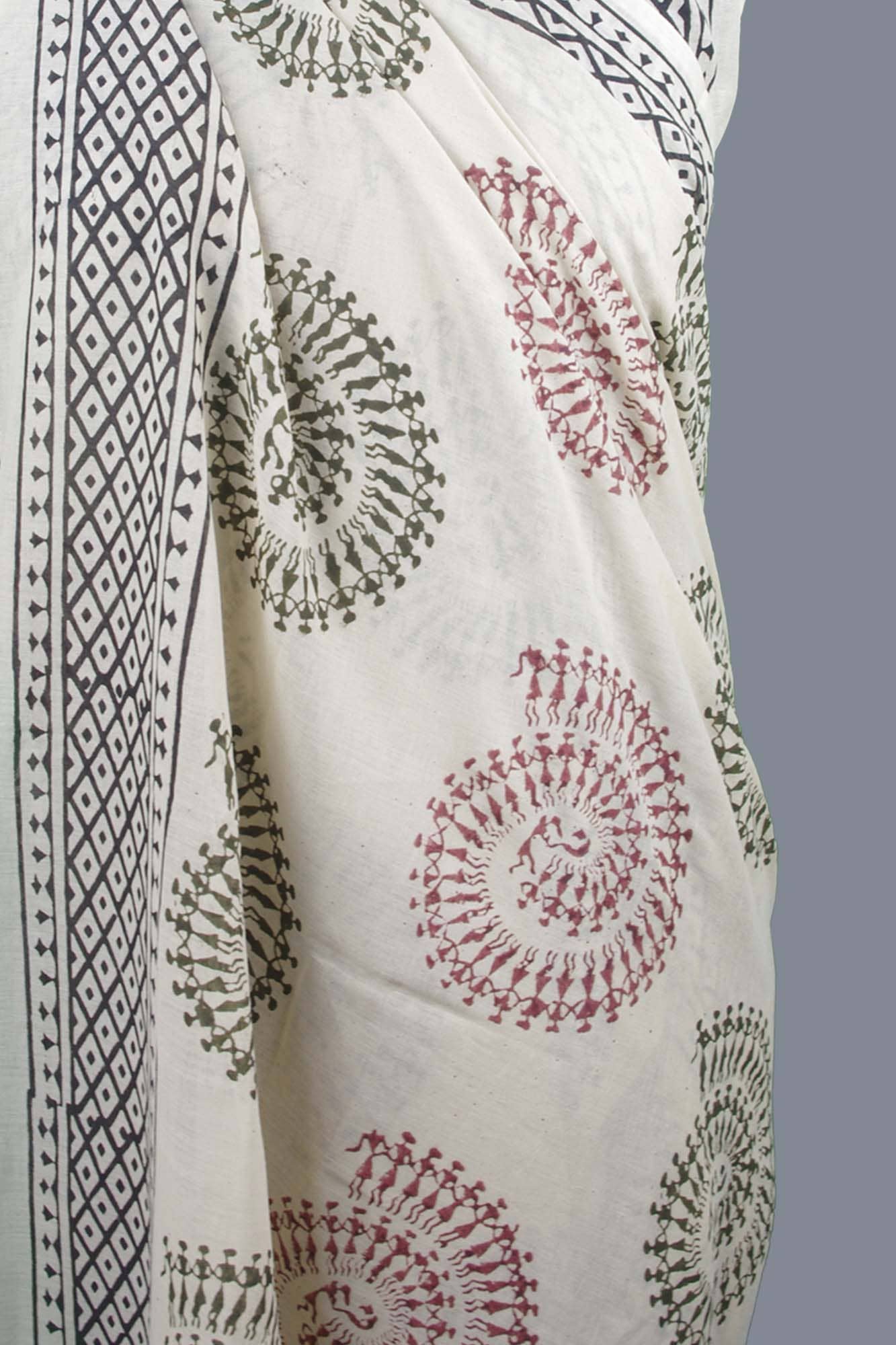 Kantha Decor - Bagru Beach Coverup Sarong Pareo - Warli Spiral Dance Beige