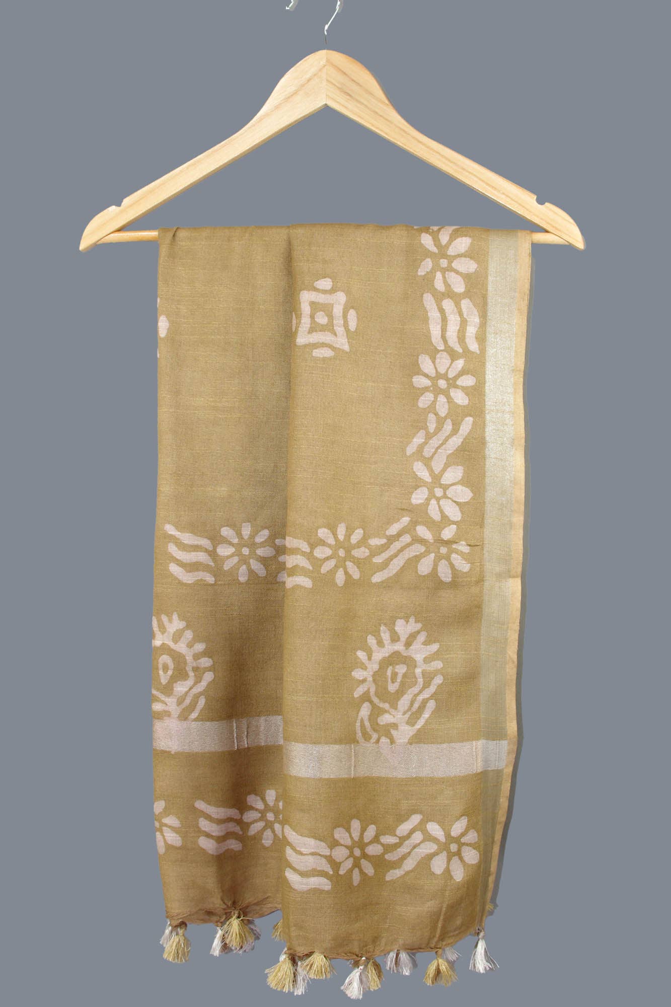 Kantha Decor - Linen Scarf / Stole with Tussle - Golden Batik Print