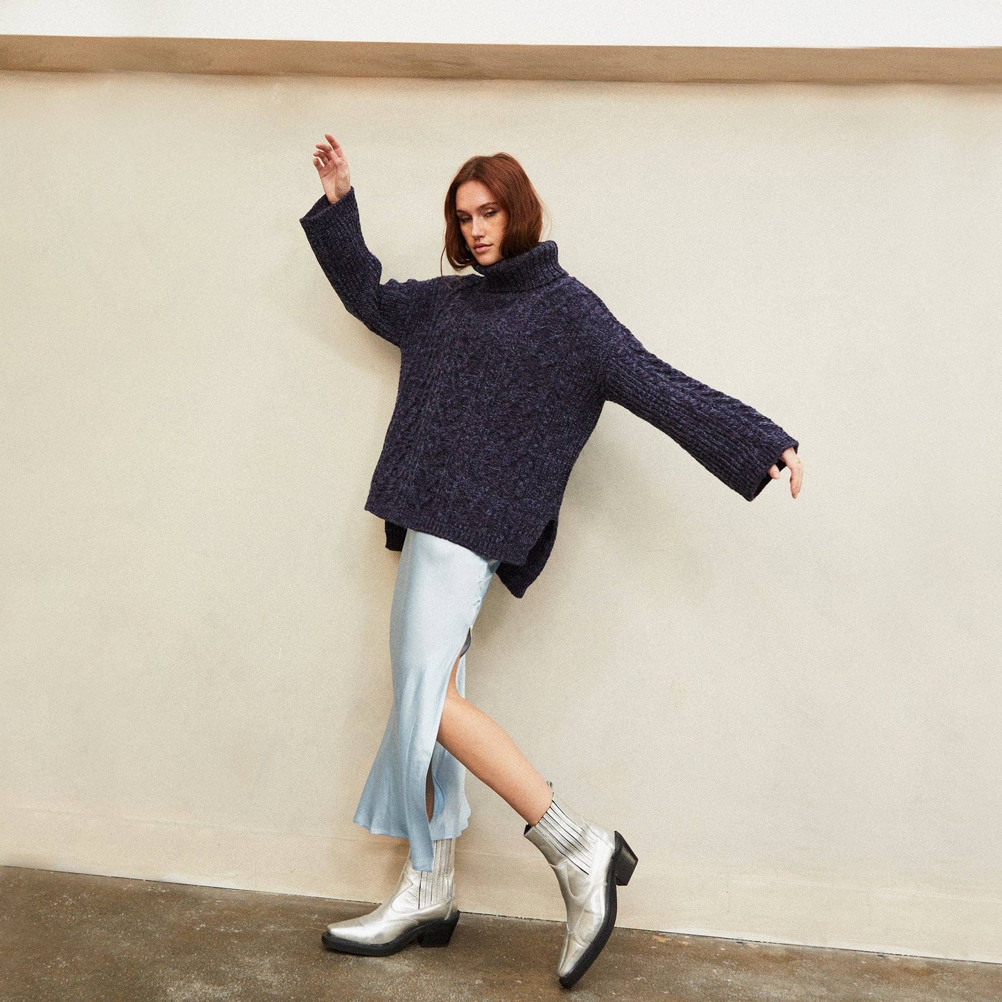 Cara & The Sky - Emily Cable Roll Neck Tunic Jumper - Navy | British Knitwear