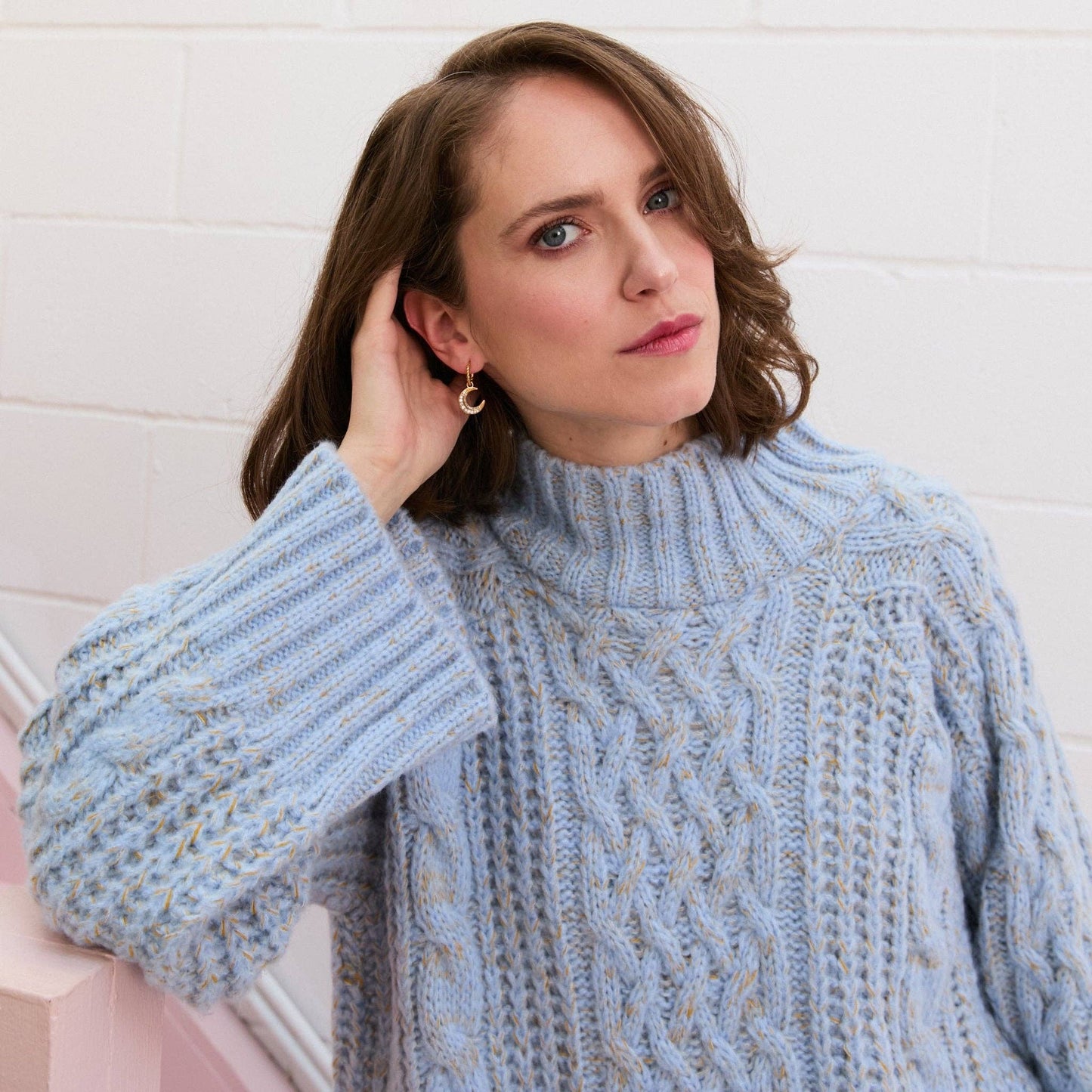 Cara & The Sky - Sarah High Neck Cable Wide Sleeve Jumper - Blue Knit Sweater