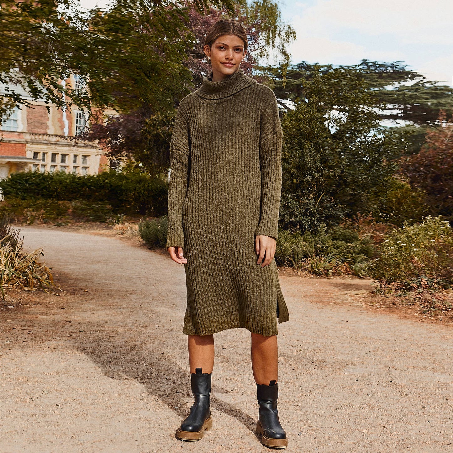 Cara & The Sky - Joey Boucle Roll Neck Midi Dress - Khaki