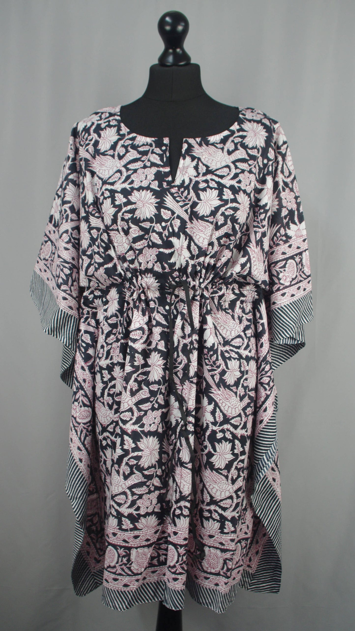 Kantha Decor - Block Printed Cotton Coverup /Kaftans - Coral Black Floral