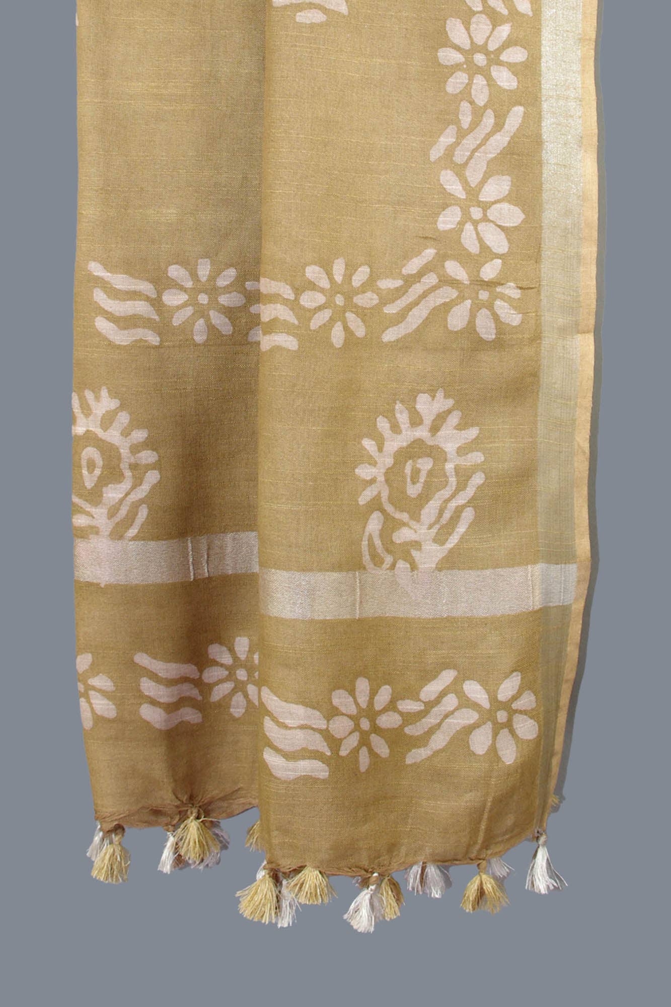 Kantha Decor - Linen Scarf / Stole with Tussle - Golden Batik Print