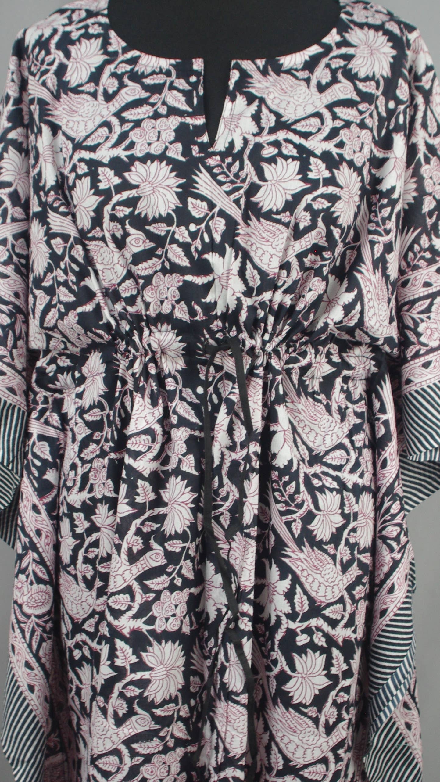 Kantha Decor - Block Printed Cotton Coverup /Kaftans - Coral Black Floral