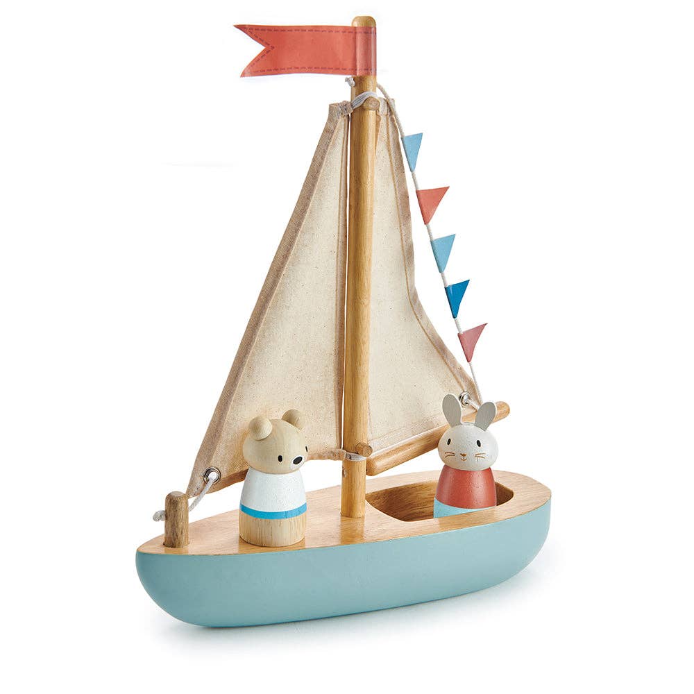 Threadbear Design UK - Sailway Wooden Toy Boat with Bubble and Squeak Dolls