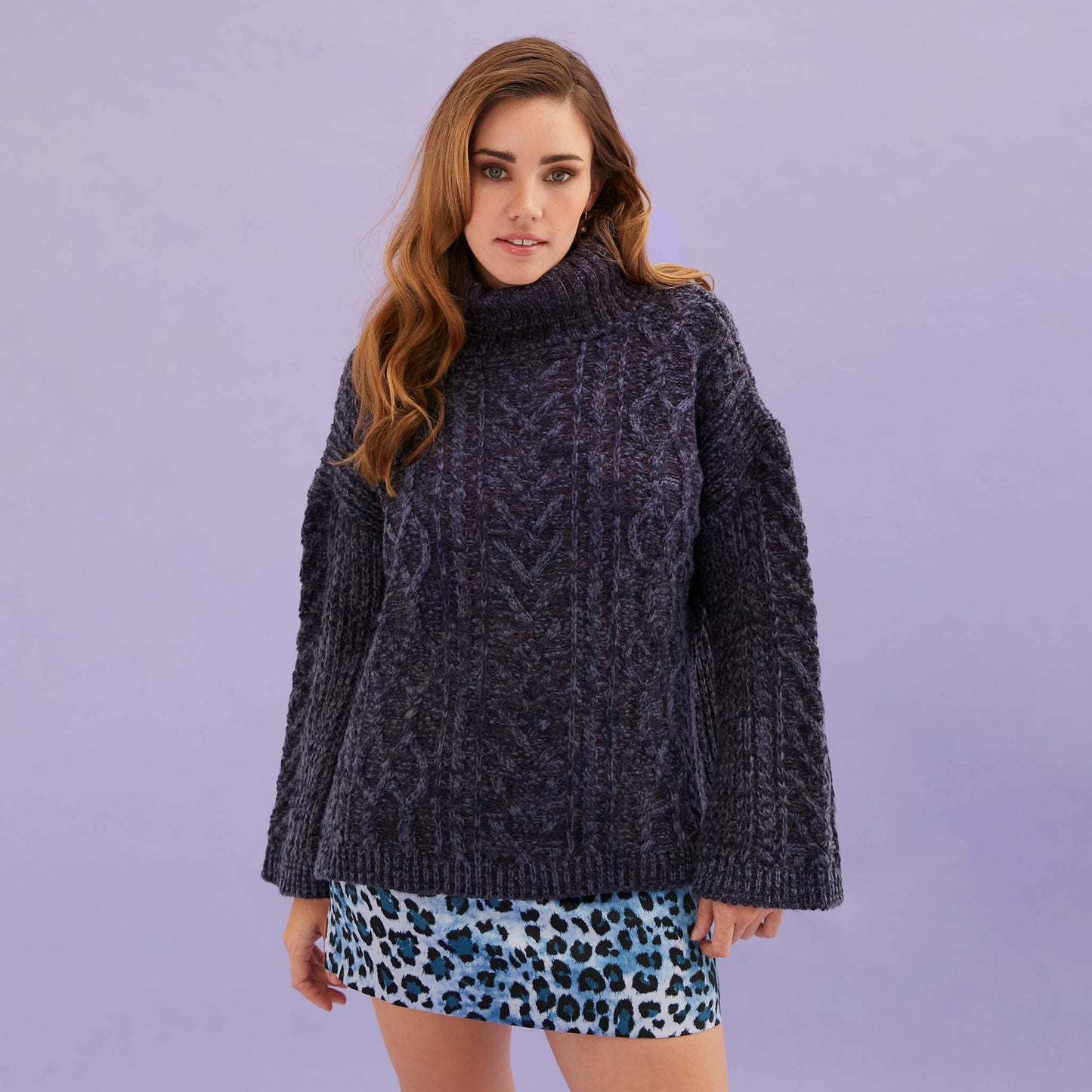 Cara & The Sky - Emily Cable Roll Neck Tunic Jumper - Navy | British Knitwear
