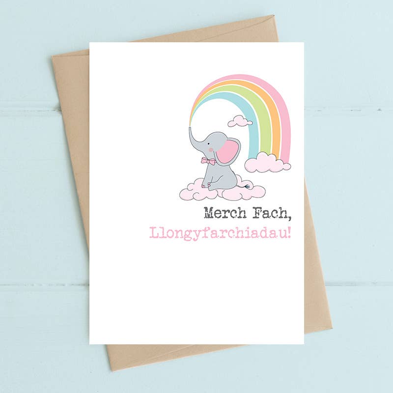 Merch Fach Llongyfarchiadau (Baby Girl) Elephant WELSH Card