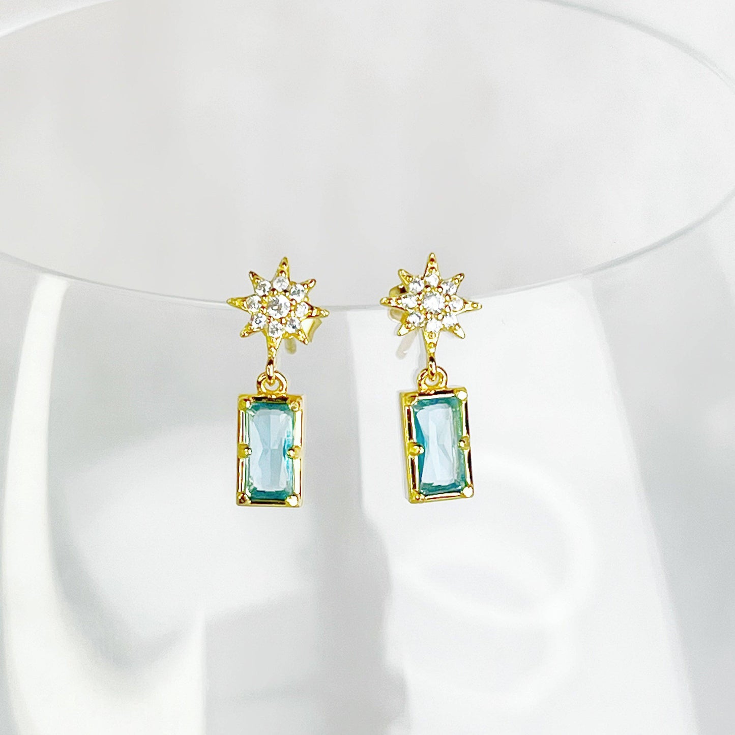 Ninaouity - Gold Pole Star and Blue Square Crystal Earrings