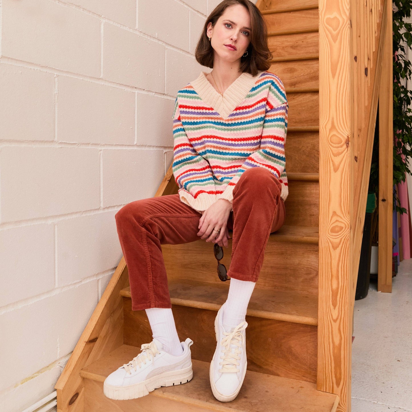 Cara & The Sky - Jasmine Wide Sleeve V Neck Striped Jumper | Women's Knitwear