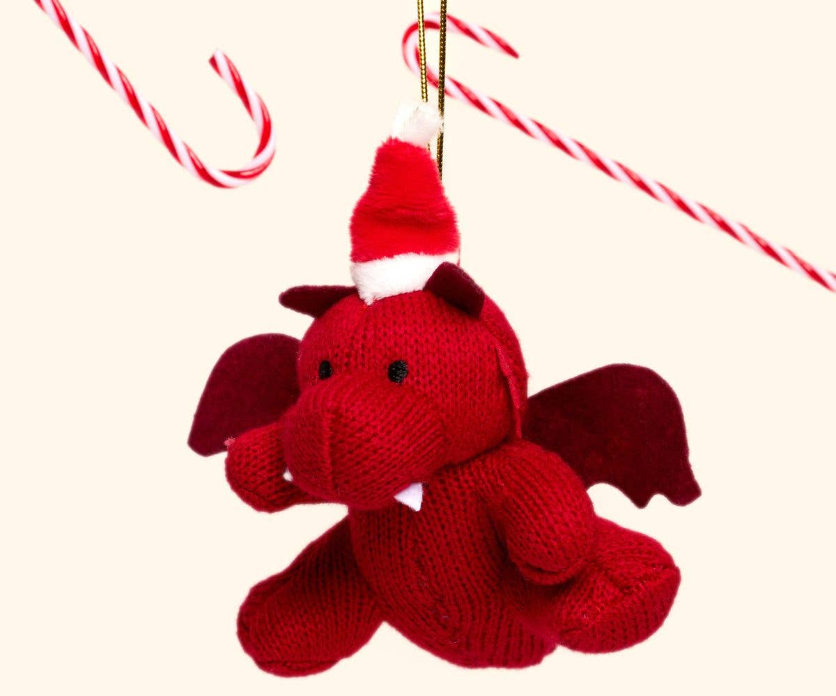 Red Dragon Christmas Decoration wearing Xmas Hat, Knitted