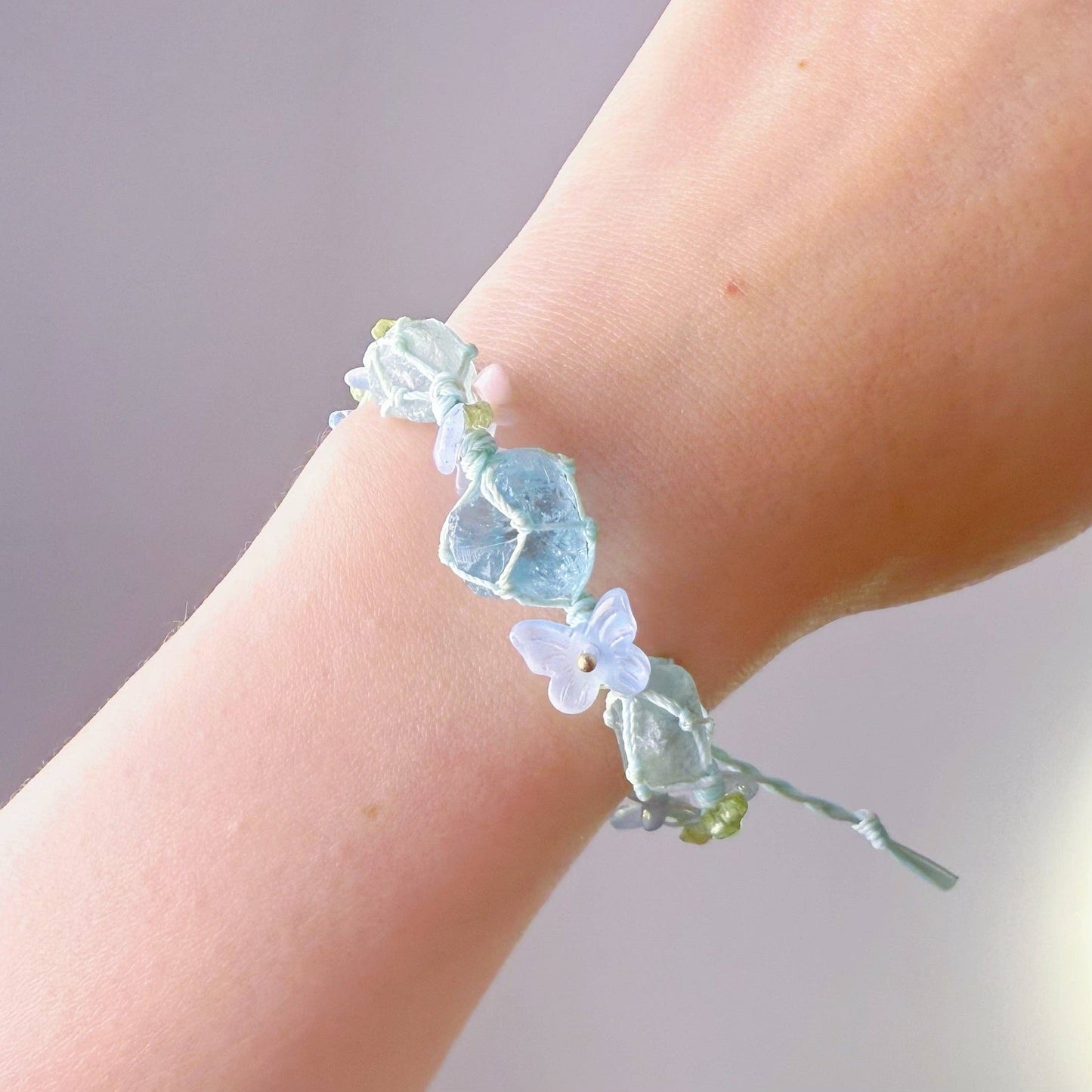 Ninaouity -  - Throat and Heart Chakra Aquamarine Crystal and Butterfly Handmade Macrame Bracelet