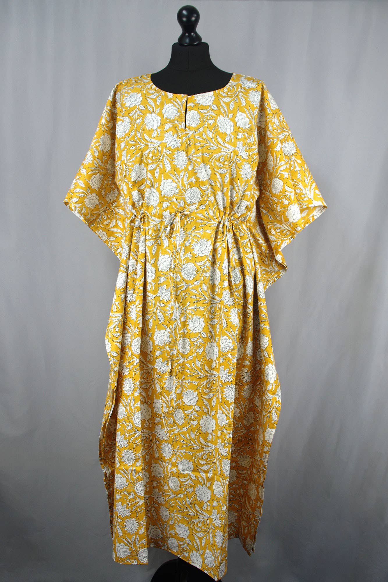 Kantha Decor - Block Printed Cotton Long Kaftans - Yellow Floral