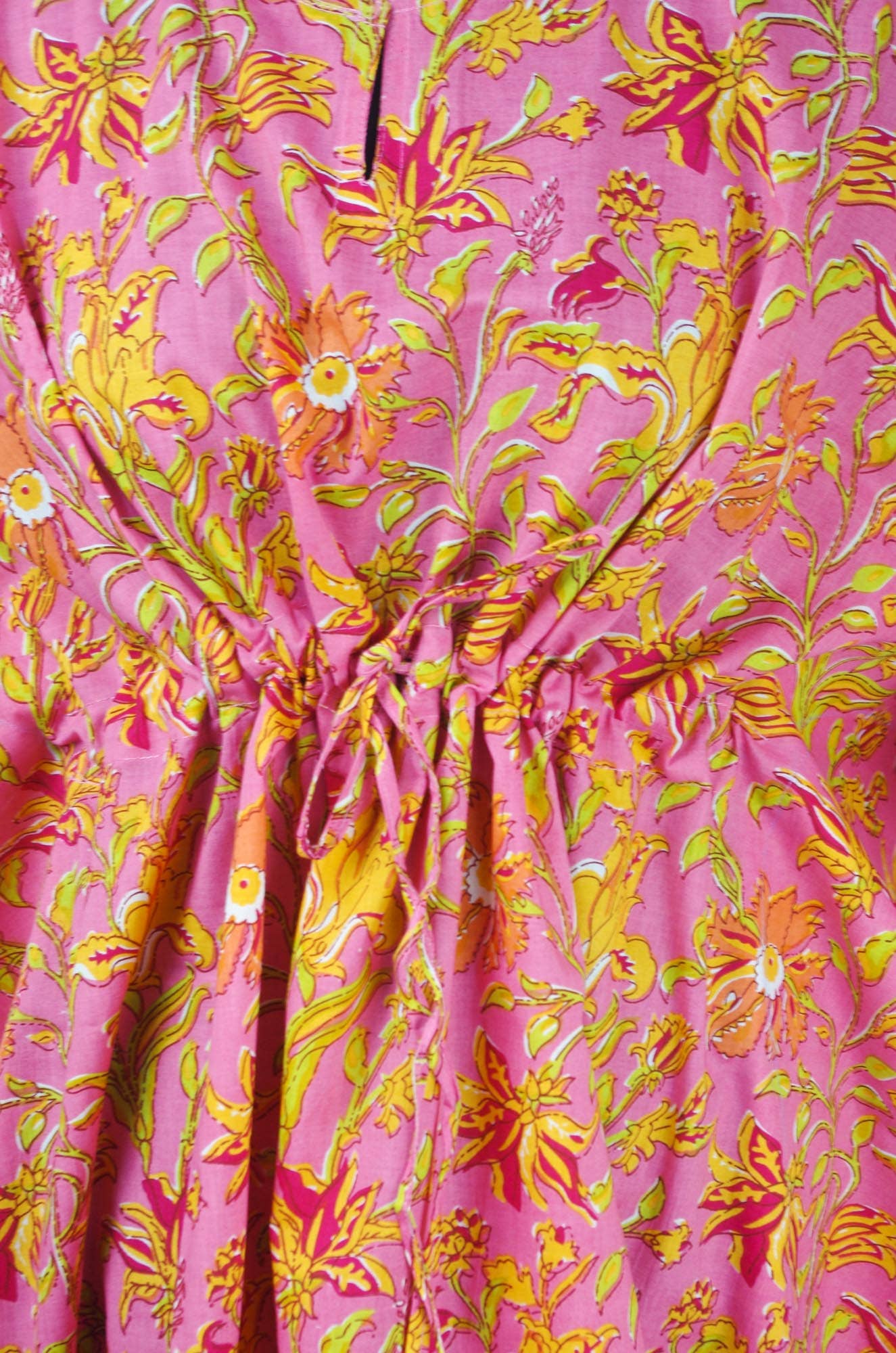 Kanthor Decor Block Printed Cotton Coverup / Kaftans - Pink Yellow Floral