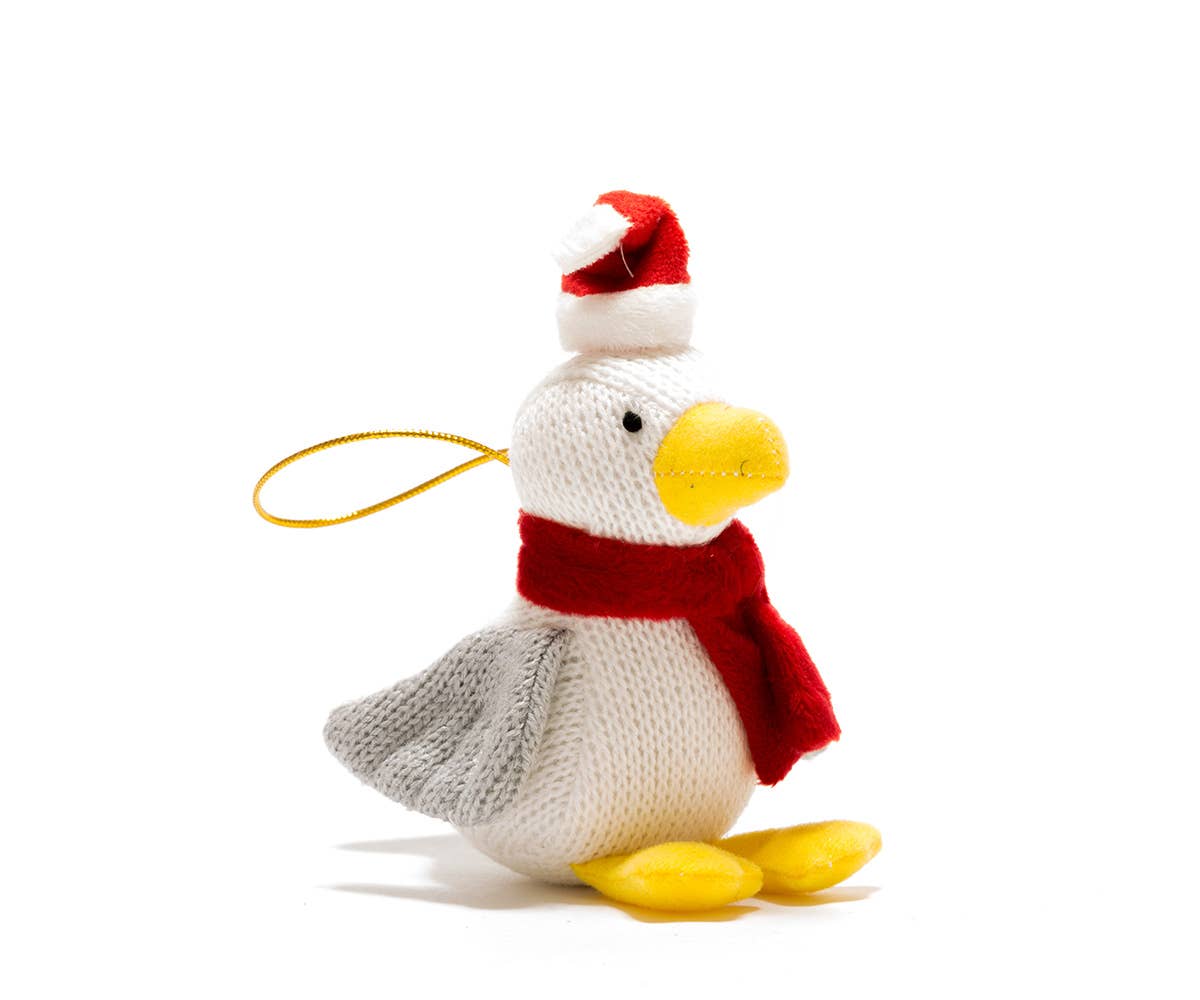Seagull Xmas Decoration with Scarf and Santa Hat Knitted