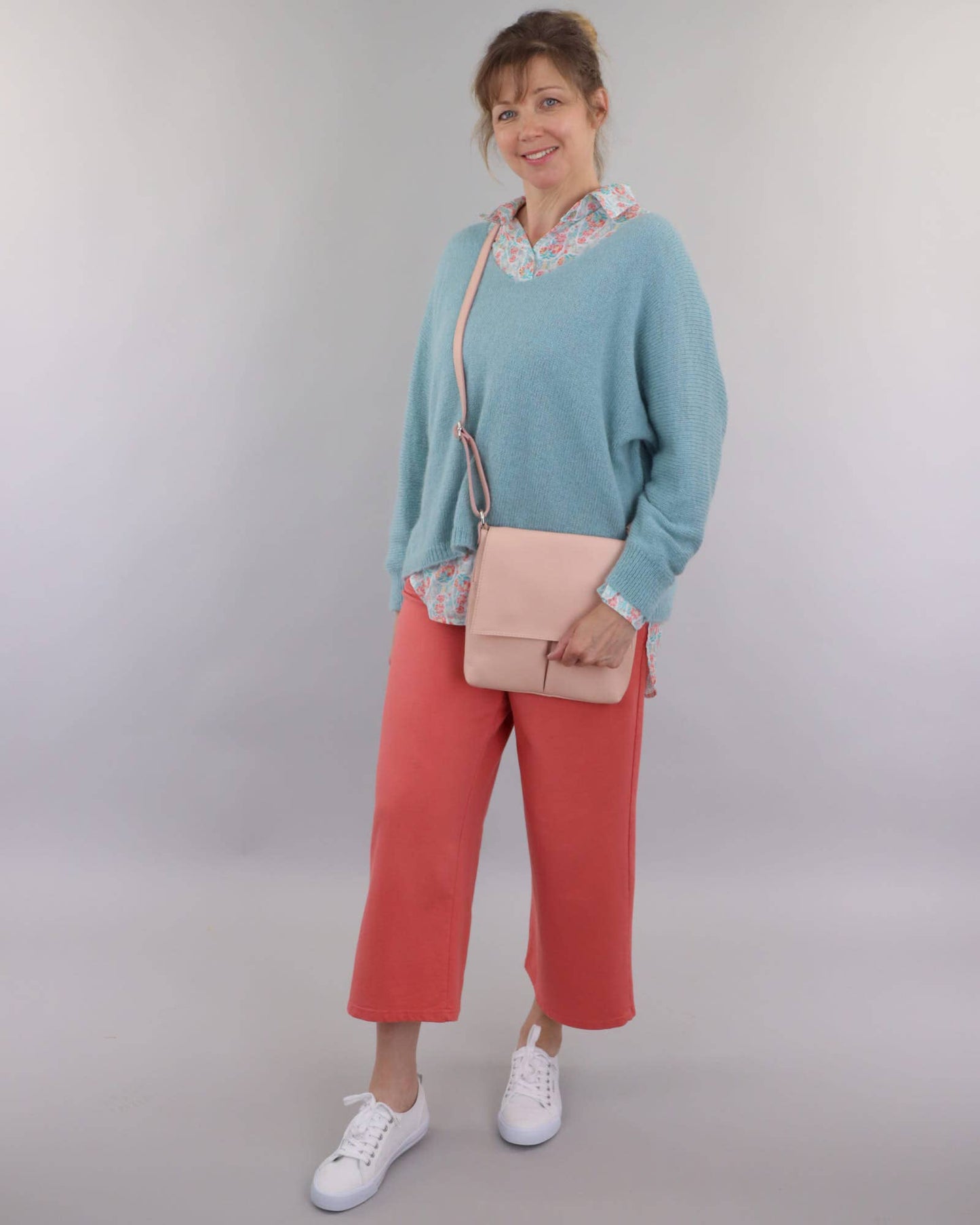 Cadenza Wide Leg Cotton Jersey Trousers: Pink Peppercorn / Small