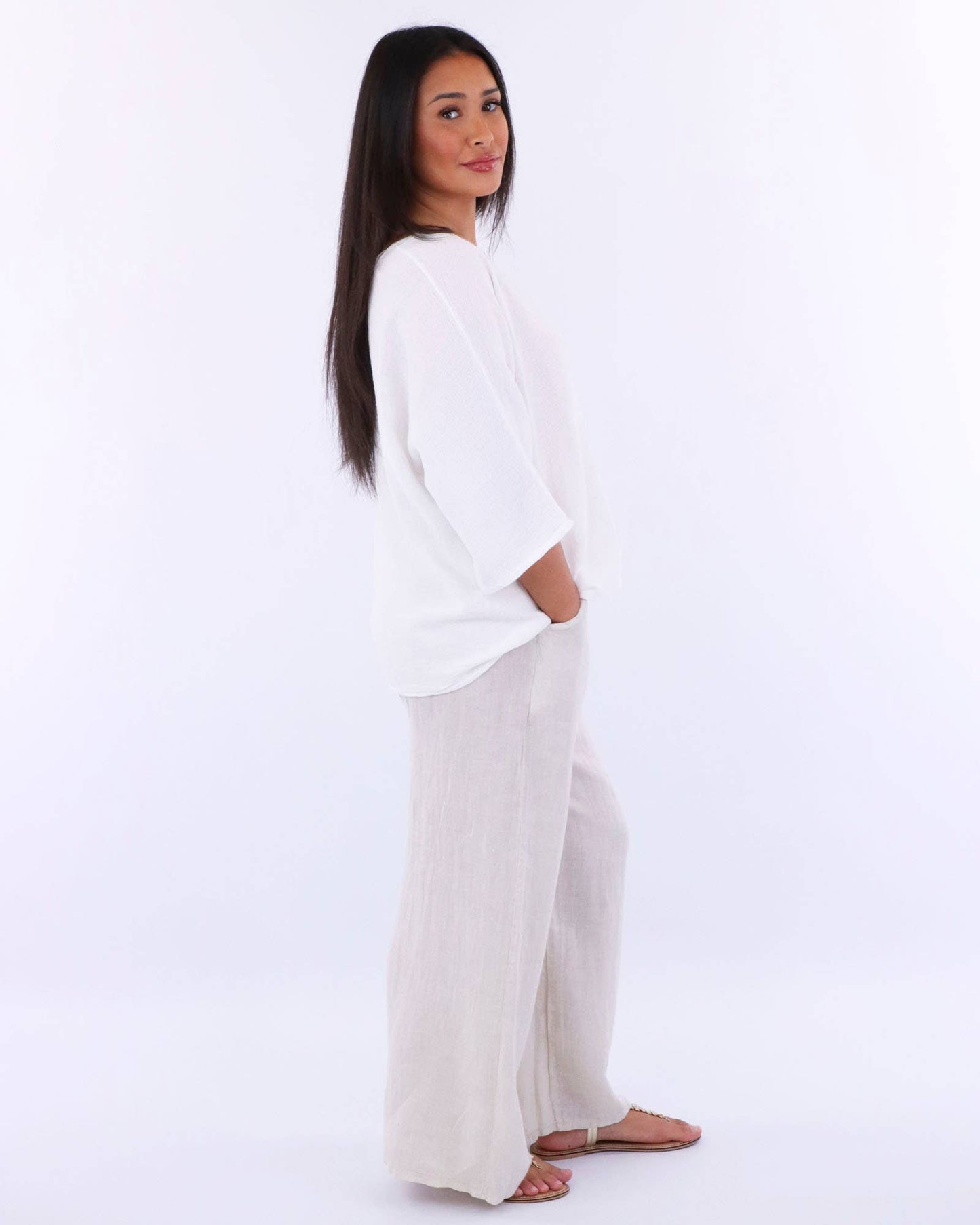 Cadenza Wide Straight Leg Linen Trousers: One Size