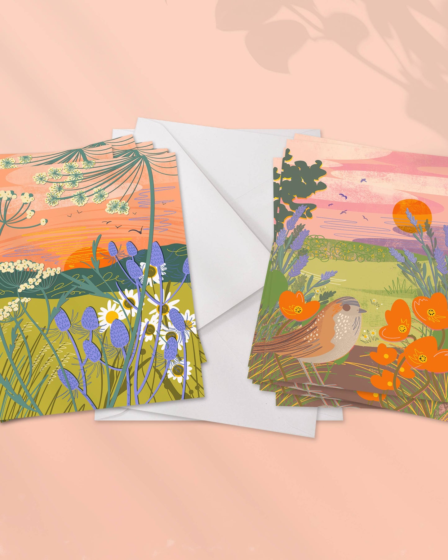 Pack of 12 notecards with envelopes, 2 floral illustrations