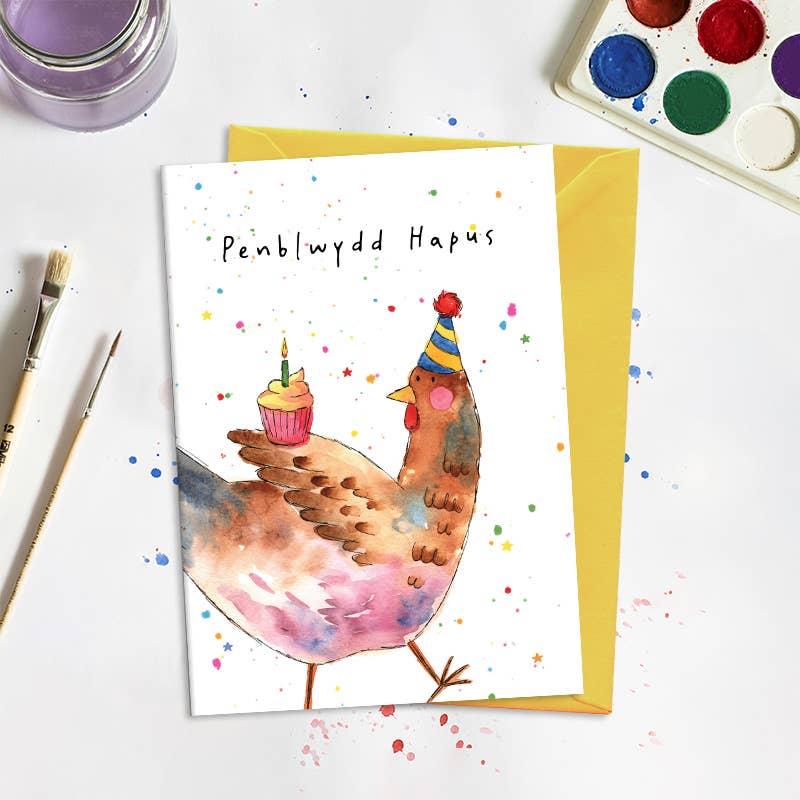 Penblwydd Hapus (Birthday chicken) WELSH Greetings Card
