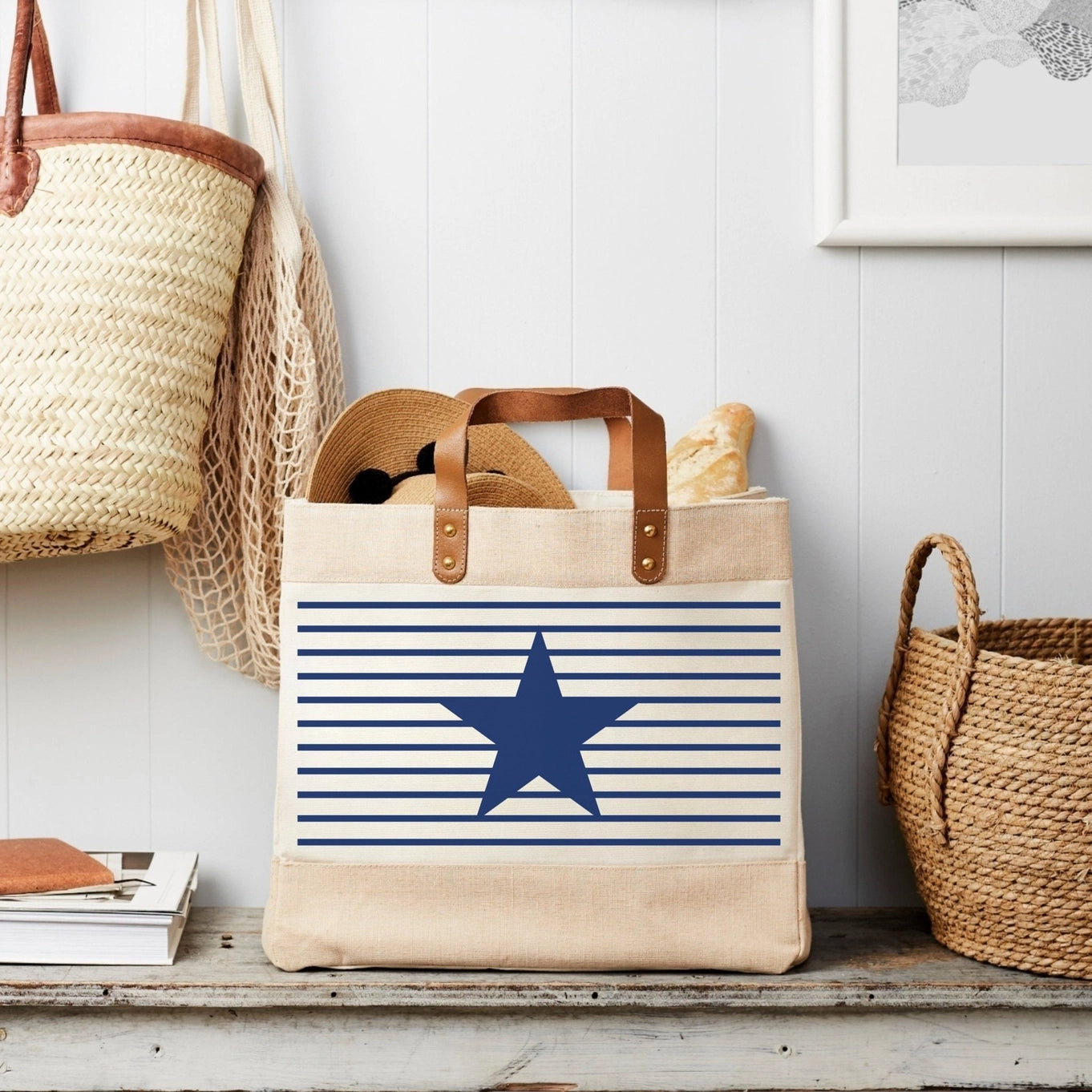 Tillyanna Navy Stripe with Navy Star Market Tote - Natural Jute