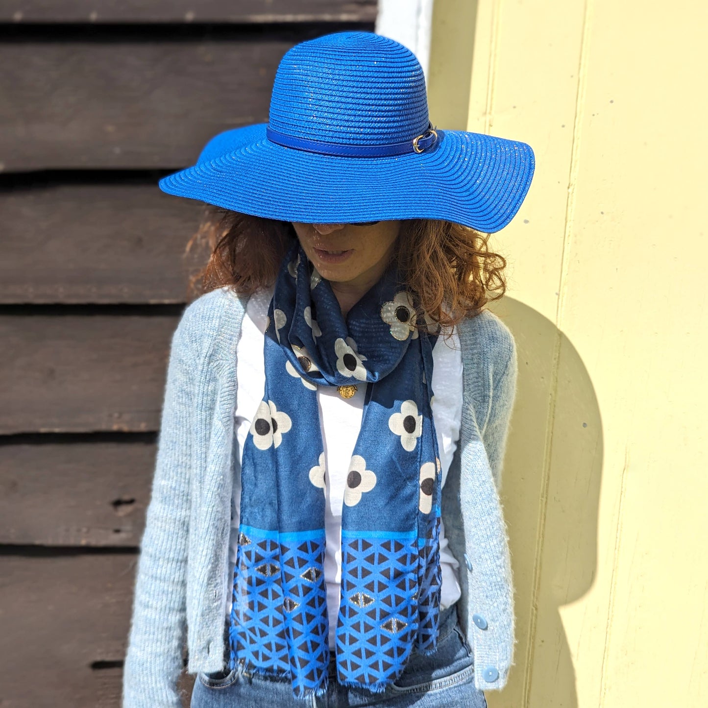 Black Ginger - Bright and Bold Wide Brim Foldable Hat - Azure Blue (57cm)