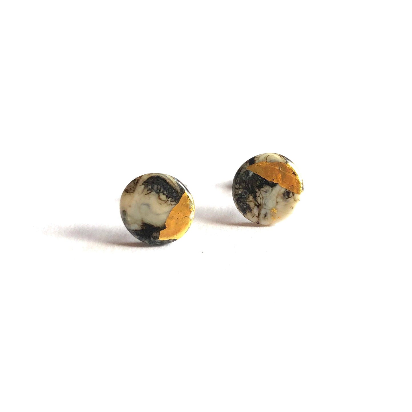 Helen Chalmers - Glass and Gold Midi Stud Earrings, Stone Marble Effect