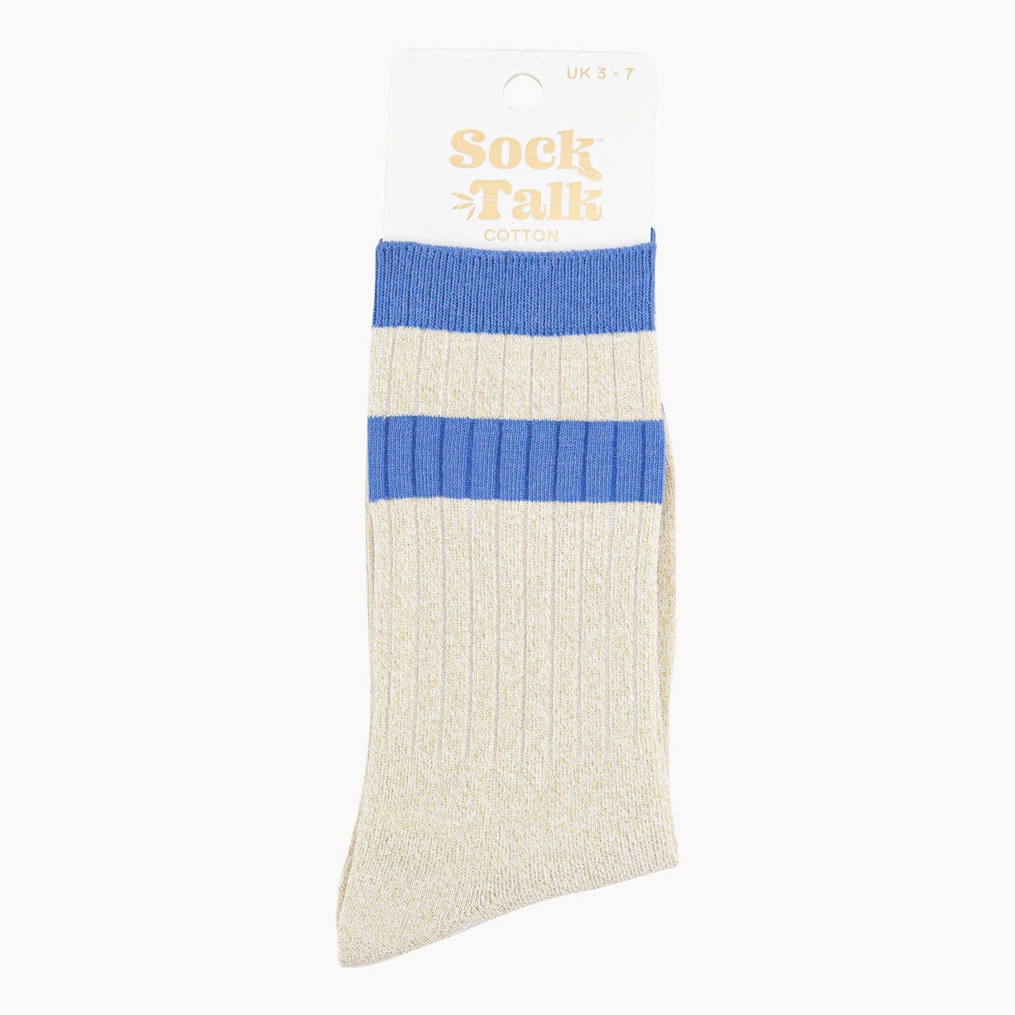 Striped Cuff Ribbed Cotton Glitter Socks in Cream/Blue