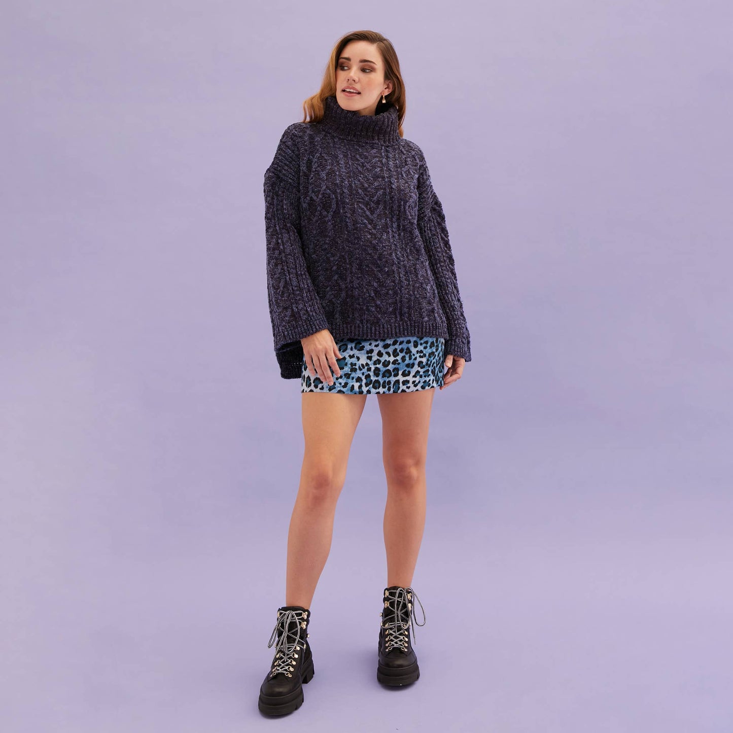 Cara & The Sky - Emily Cable Roll Neck Tunic Jumper - Navy | British Knitwear