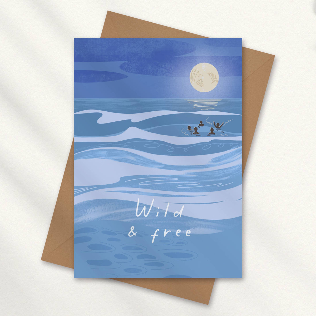 Wild and free greeting card full moon swimmers