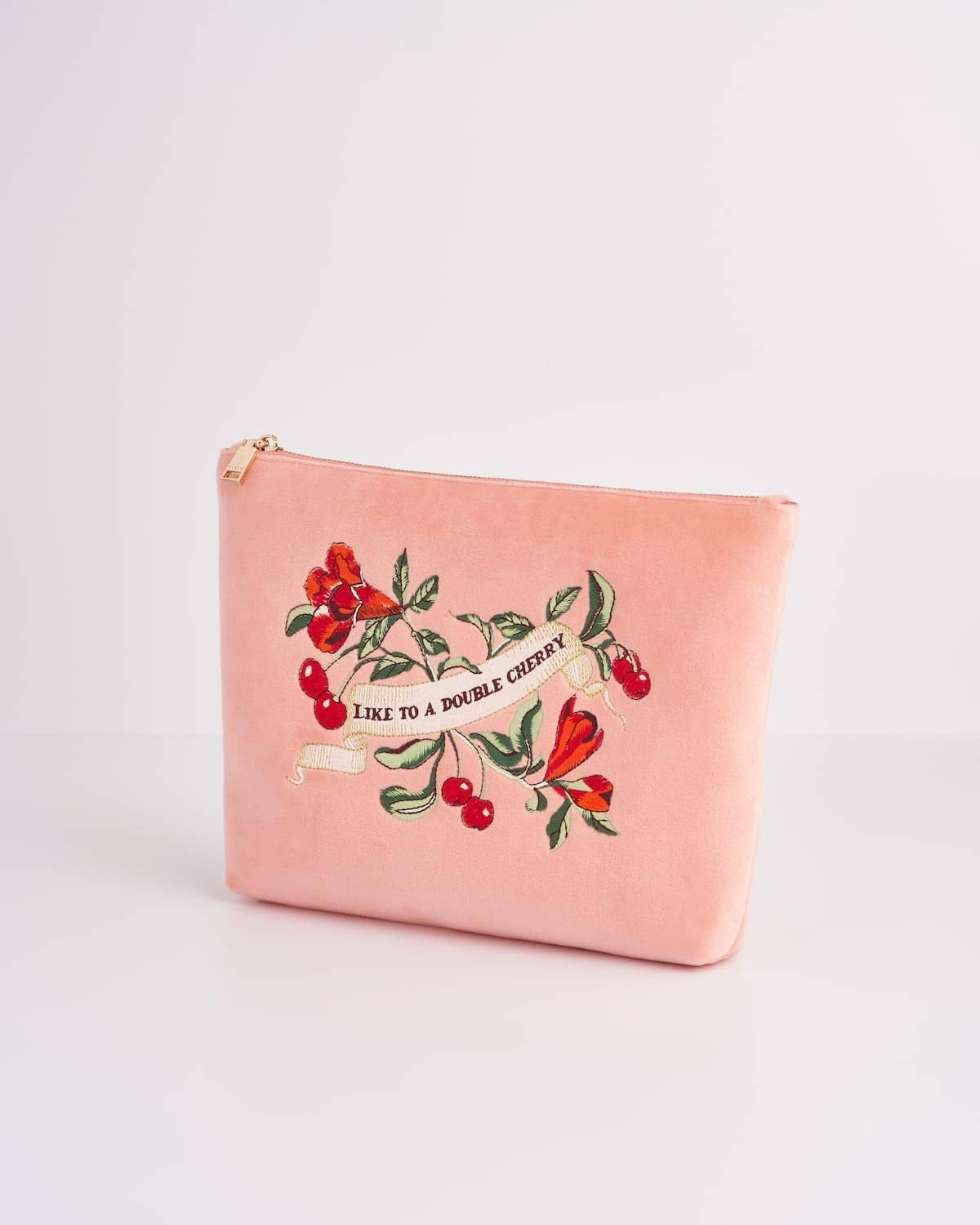 FABLE Midsummer Dream Cherry Embroidered Peach Velvet Pouch