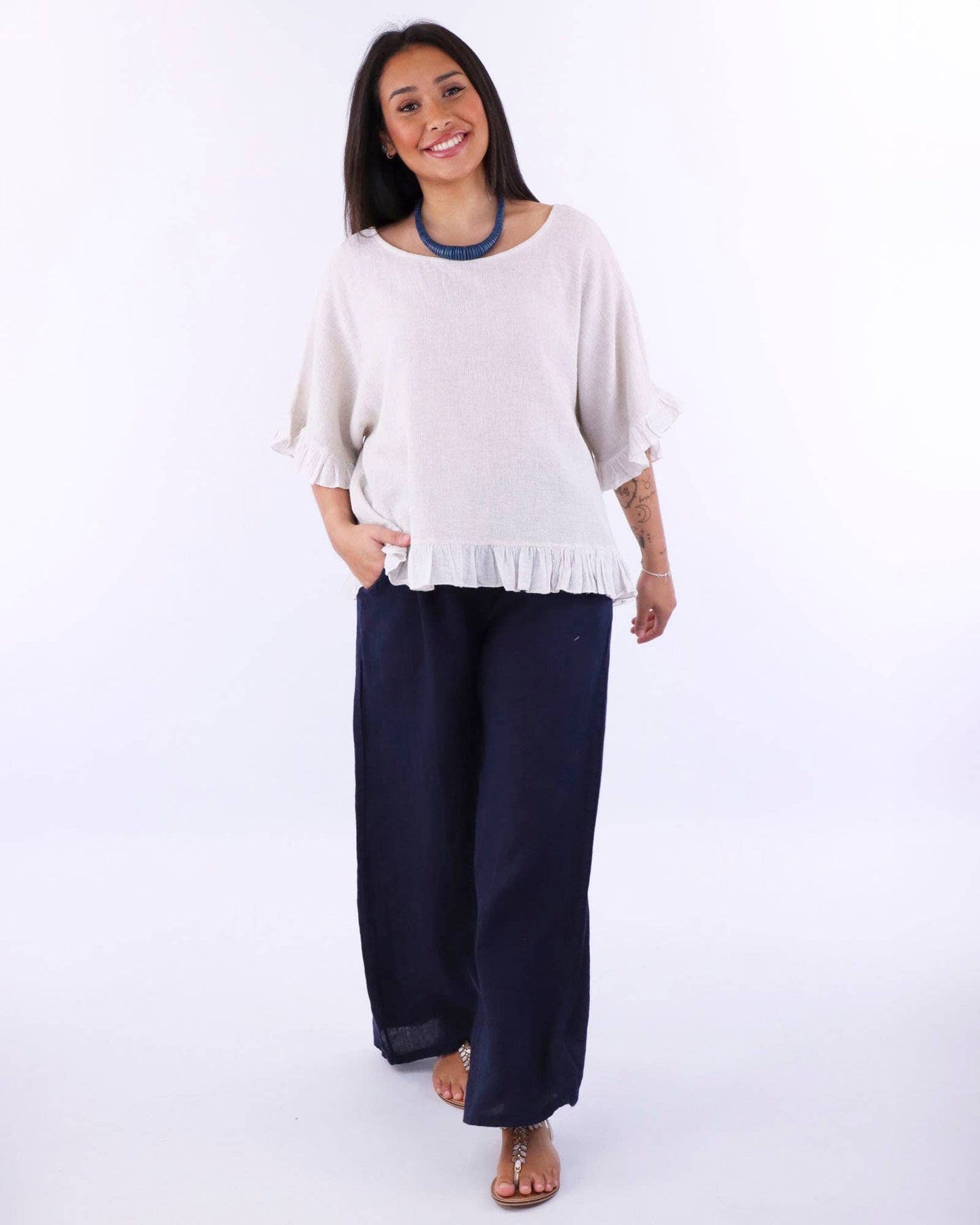 Cadenza Wide Straight Leg Linen Trousers: One Size