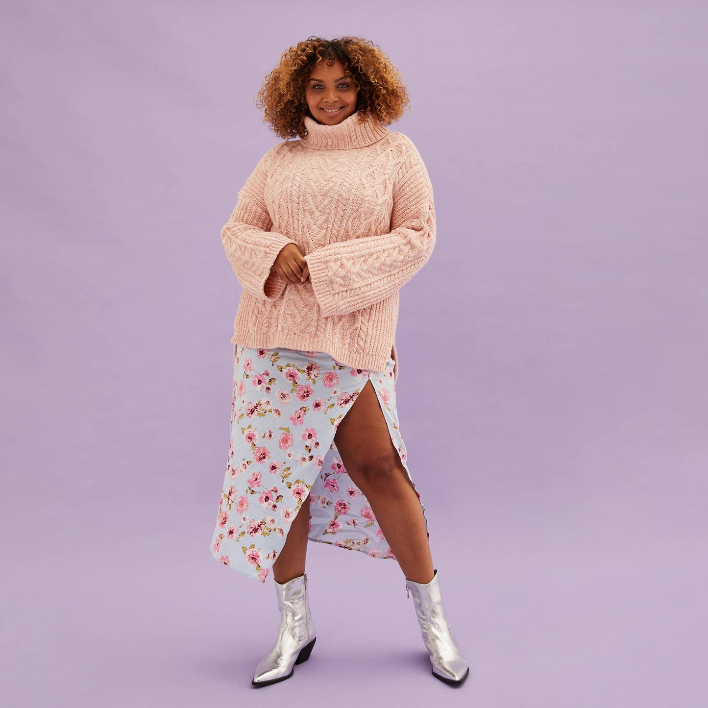 Cara & The Sky - Emily Cable Roll Neck Sweater - Dusky Pink