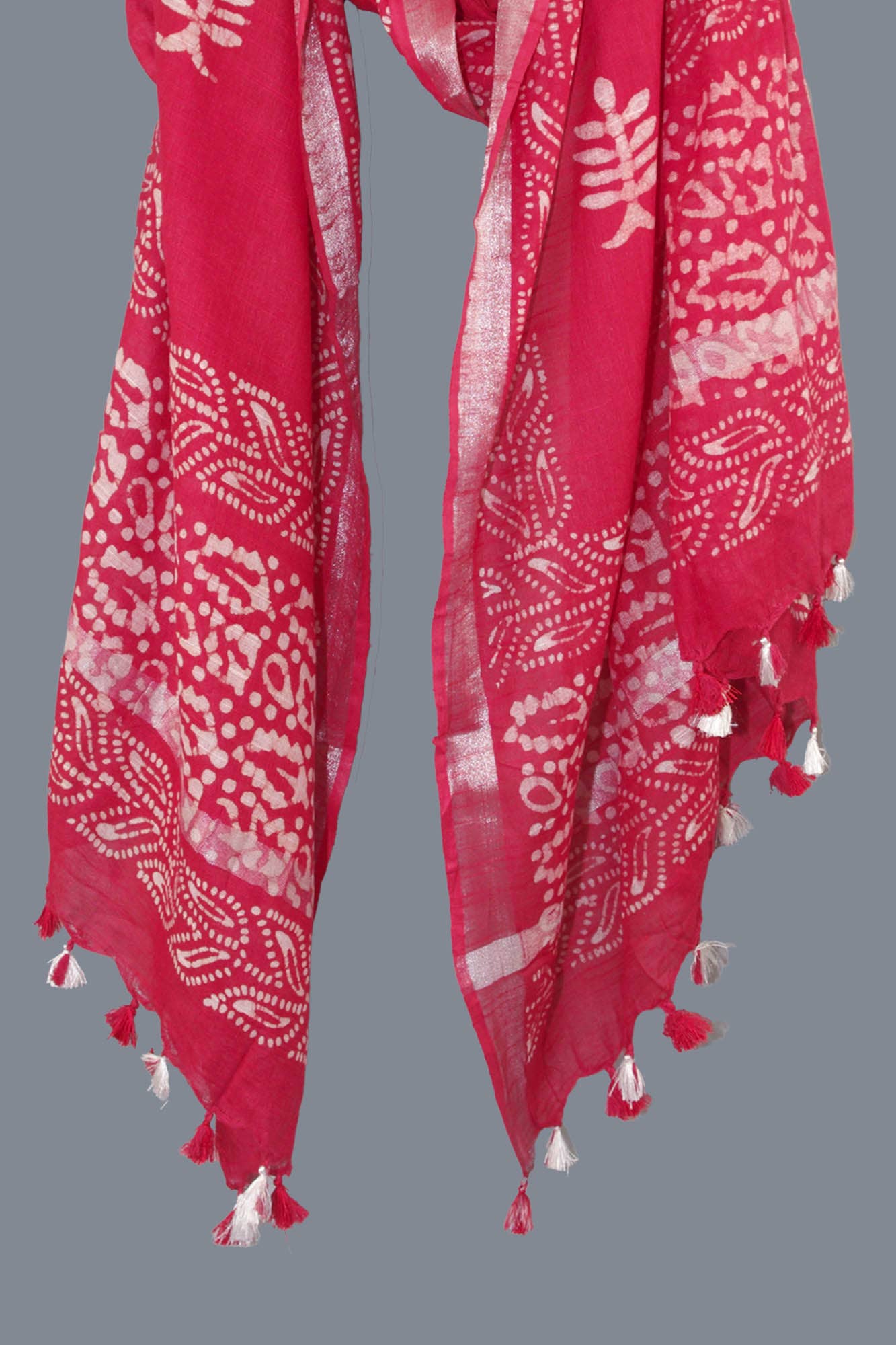 Kantha Decor - Linen Scarf / Stole with Tussle - Red Batik Print