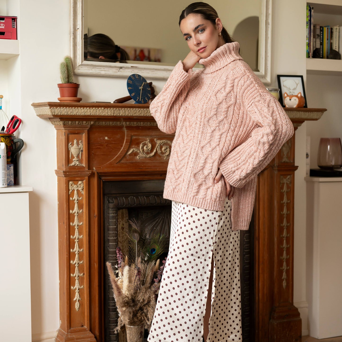 Cara & The Sky - Emily Cable Roll Neck Sweater - Dusky Pink